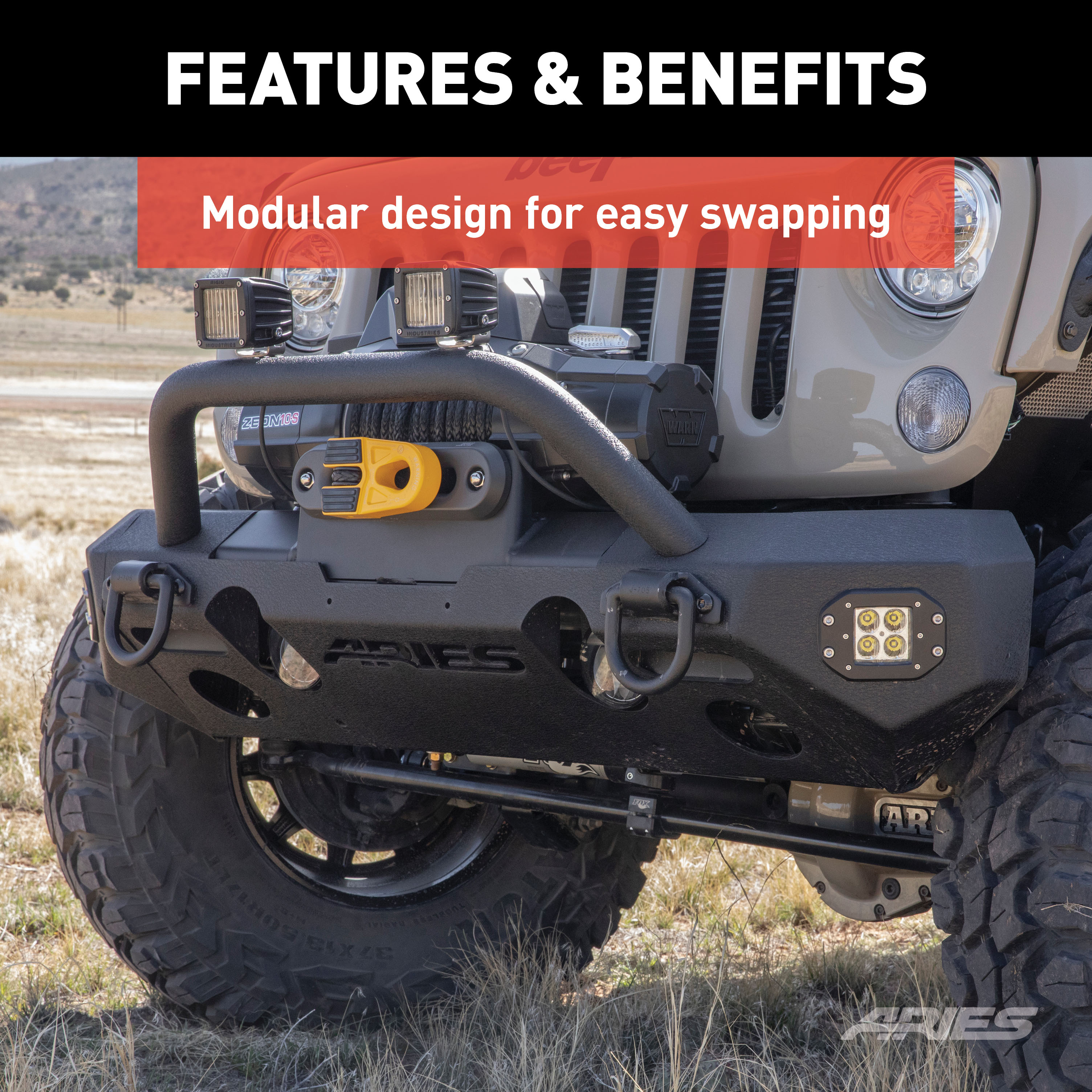 ARIES 2082058 TrailChaser Black Aluminum Front Bumper with LED Lights and Winch Mount, Select Jeep Wrangler JK thumbnail 3