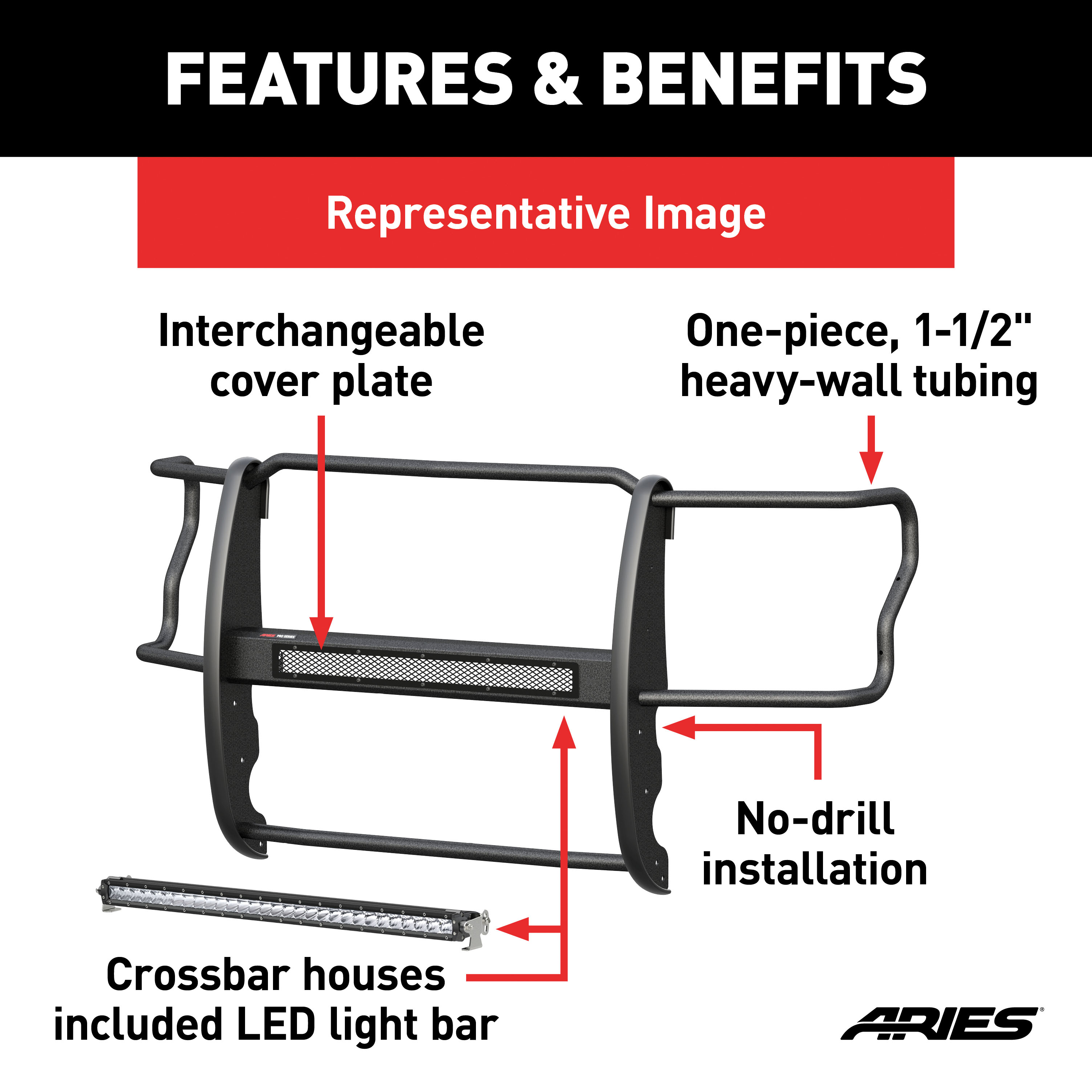 ARIES 2170006 Pro Series Black Steel Grille Guard with Light Bar, Select Toyota Tacoma thumbnail 4