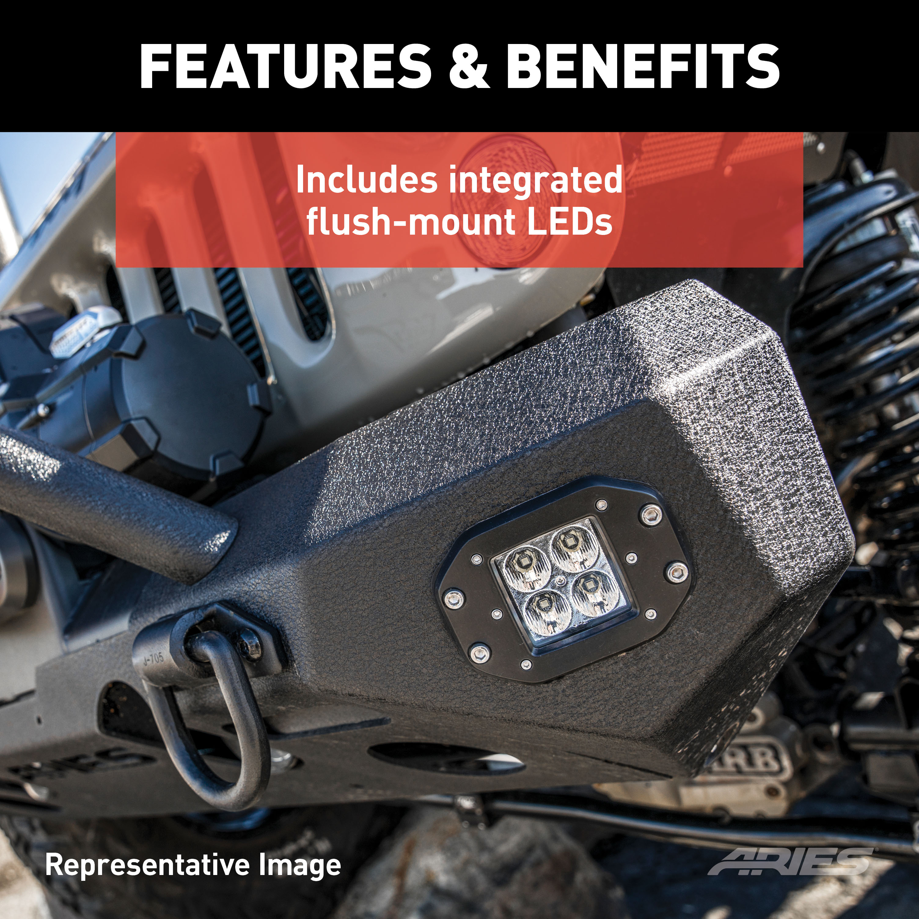 ARIES 2082094 TrailChaser Black Aluminum Front Bumper with LED Lights and Winch Mount, Select Jeep Wrangler JL, Gladiator thumbnail 3