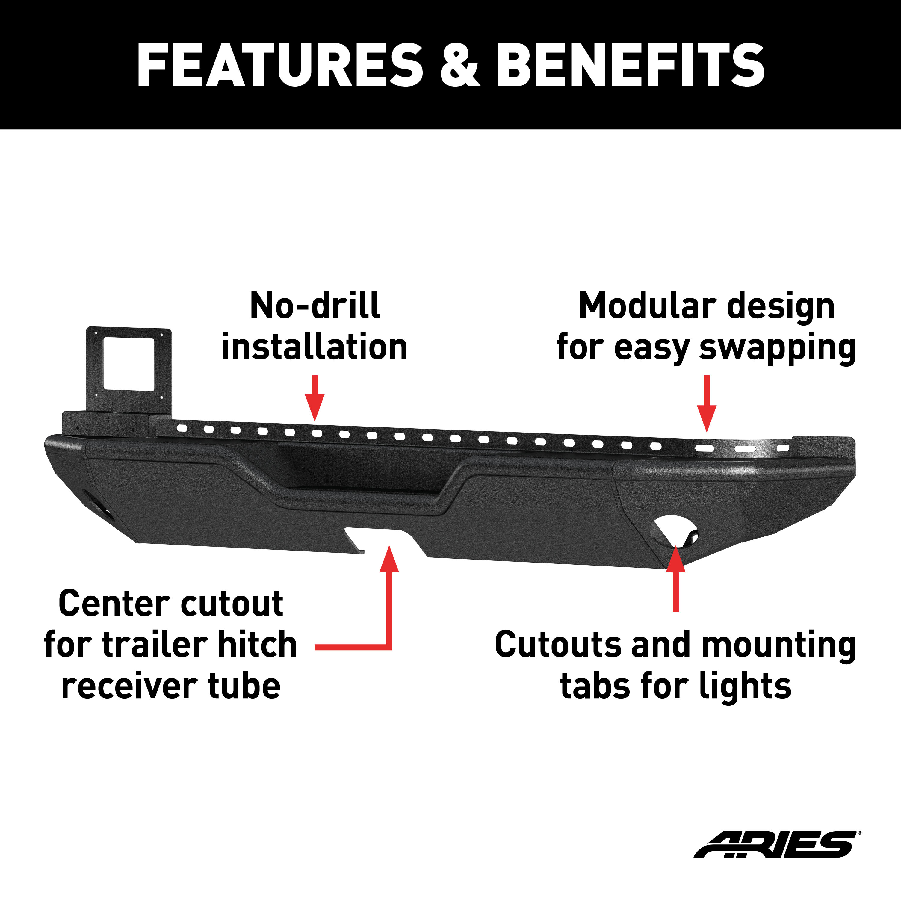 ARIES 2082082 TrailChaser Black Aluminum Rear Bumper, Select Jeep Wrangler JL thumbnail 1
