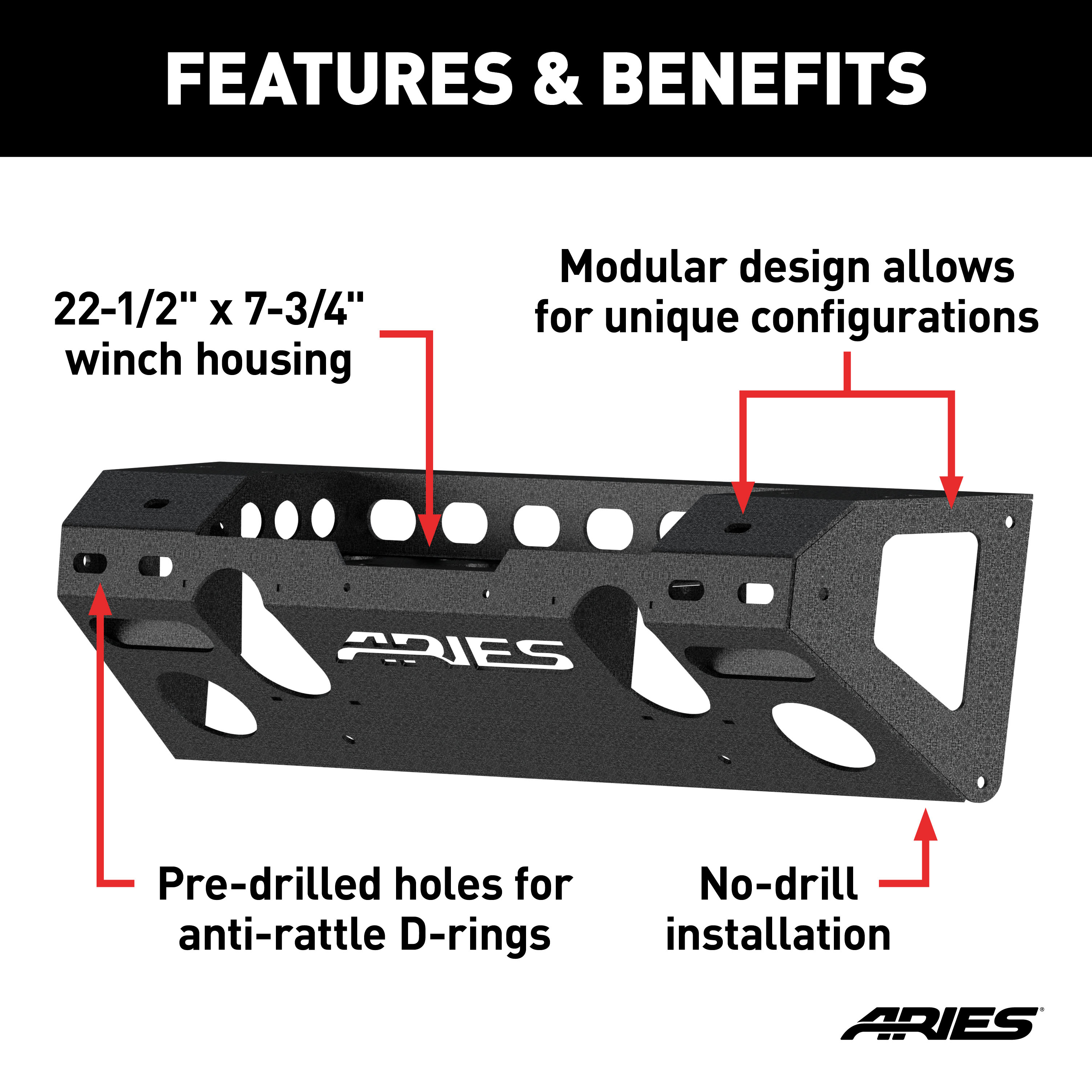 ARIES 2081001 TrailChaser Black Aluminum Front Bumper Center Section Only, Select Jeep Wrangler JK thumbnail 1
