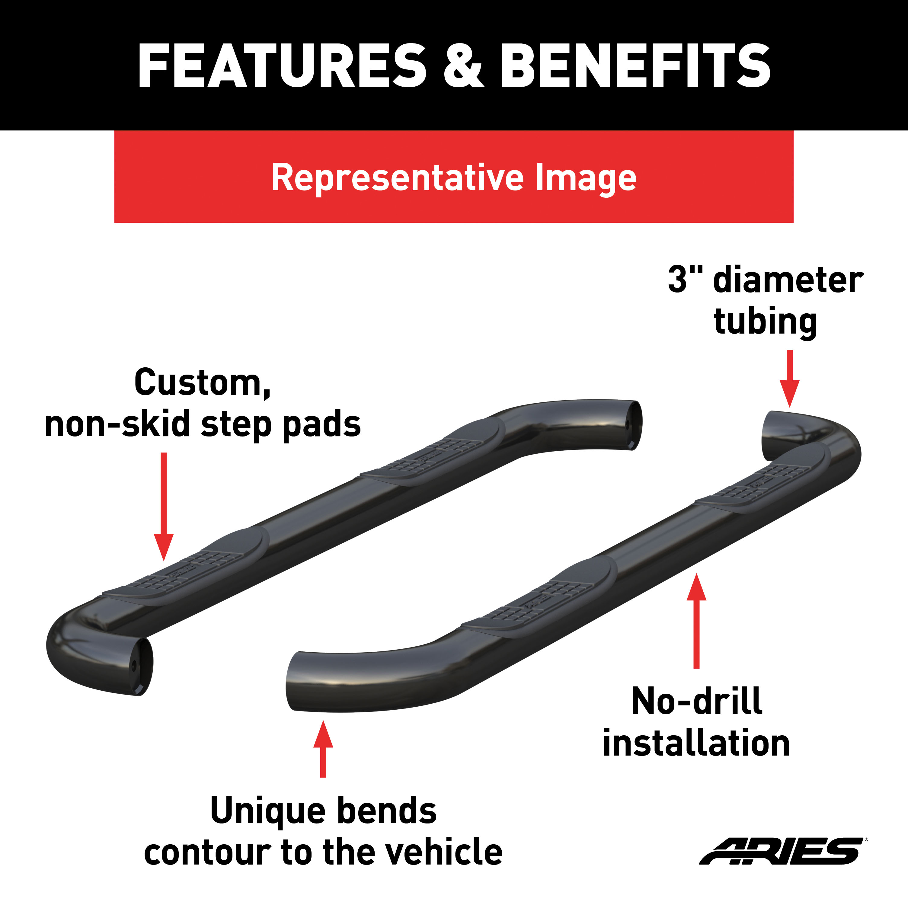 ARIES 214045 3-Inch Round Black Stainless Steel Nerf Bars, No-Drill, Fits Select Chevrolet Silverado, GMC Sierra 1500, 2500, 3500 HD thumbnail 2