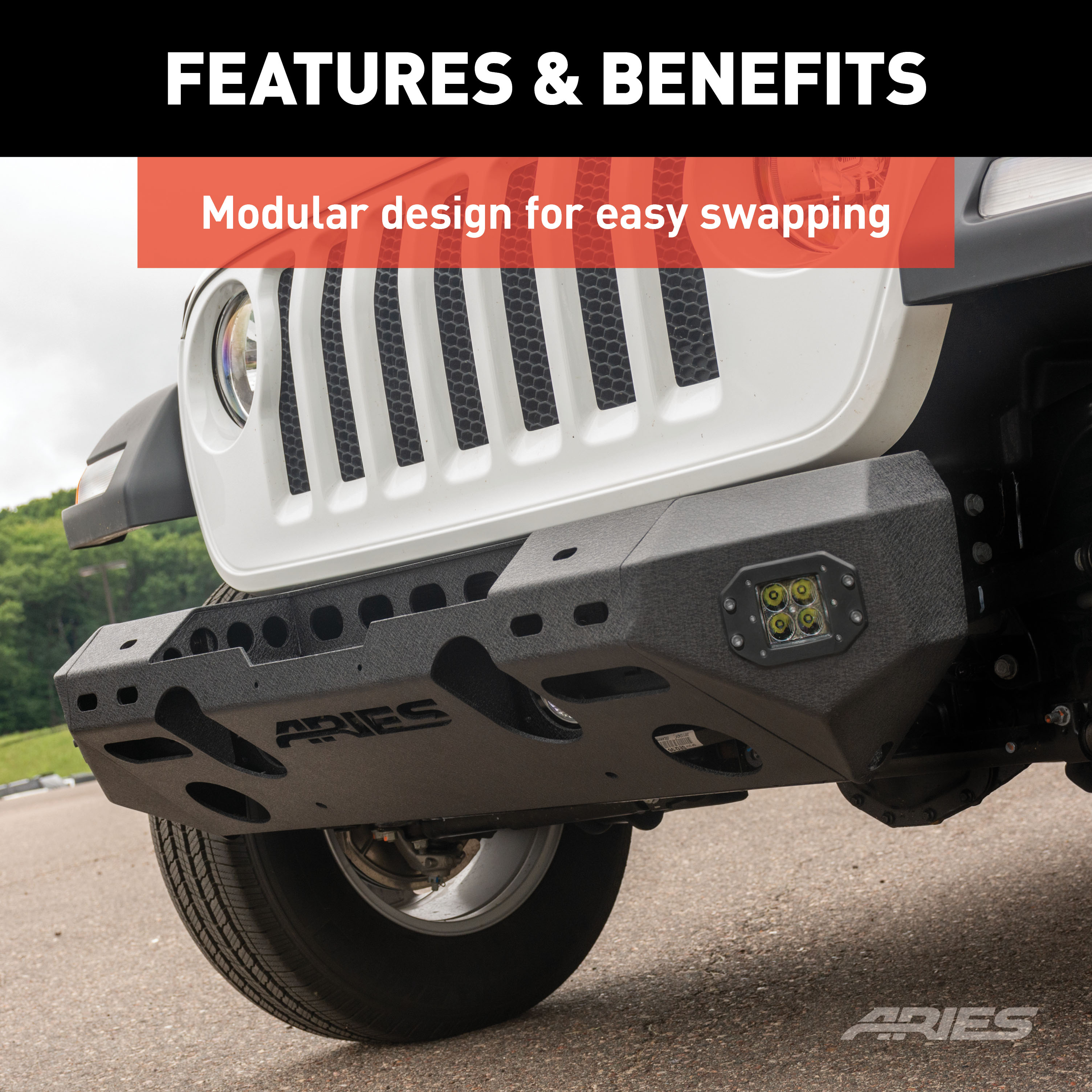 ARIES 2082075 TrailChaser Black Aluminum Front Bumper with LED Lights and Winch Mount, Select Jeep Wrangler JL, Gladiator thumbnail 3