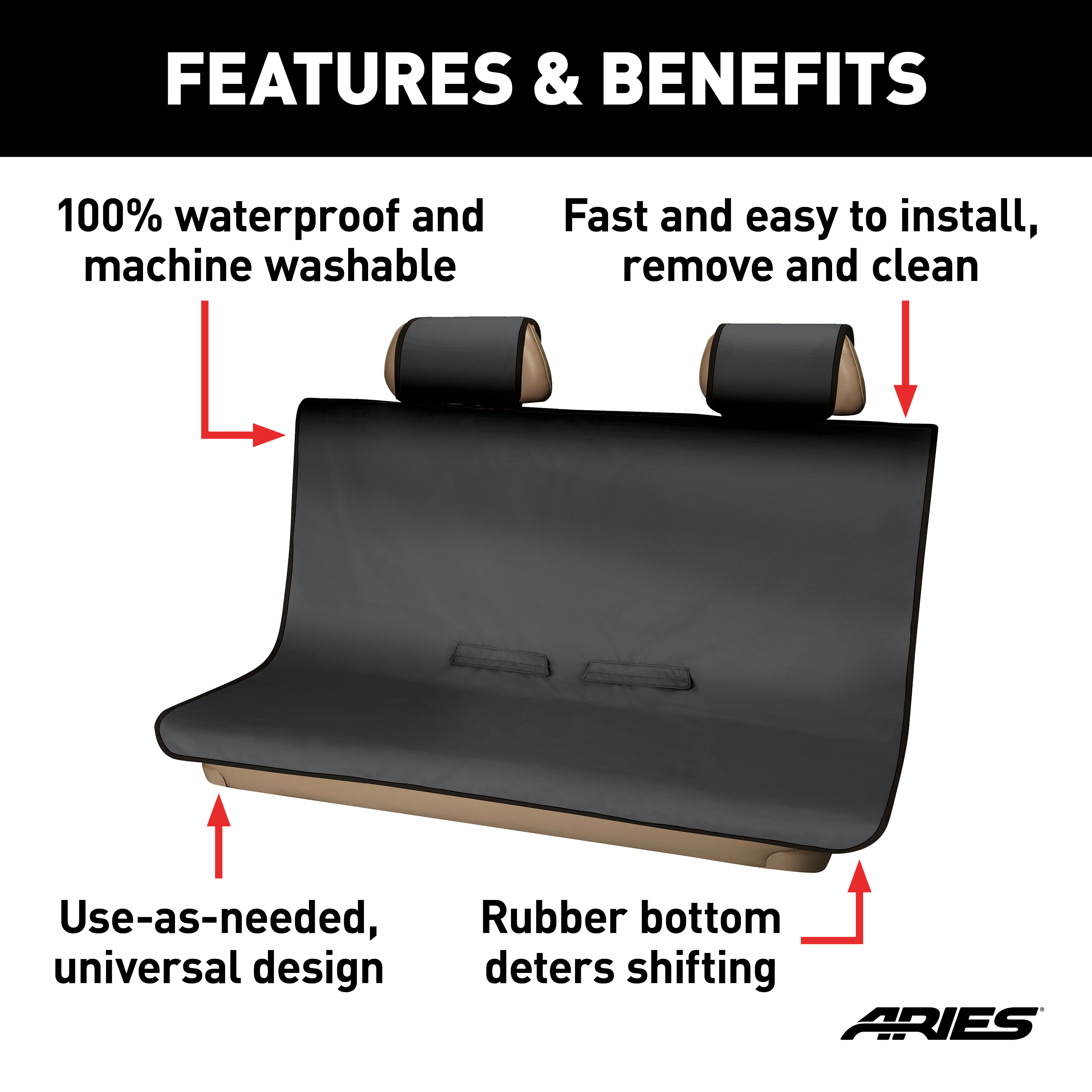 ARIES 3146-09 Seat Defender 58-Inch x 55-Inch Black Waterproof Universal Bench Car Seat Cover Protector thumbnail 1
