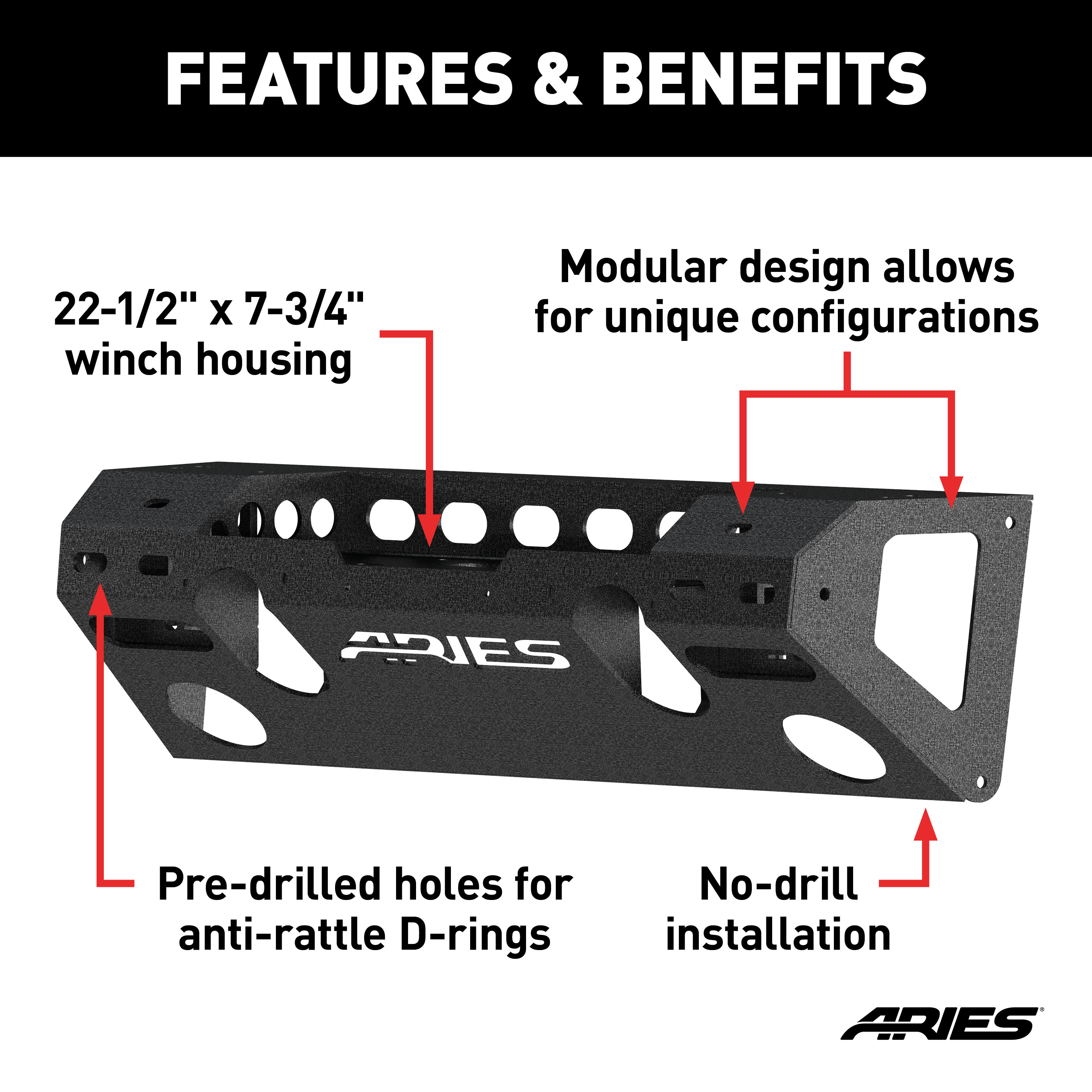 ARIES 2081004 TrailChaser Black Aluminum Front Bumper Center Section Only, Select Jeep Wrangler JL, Gladiator thumbnail 1