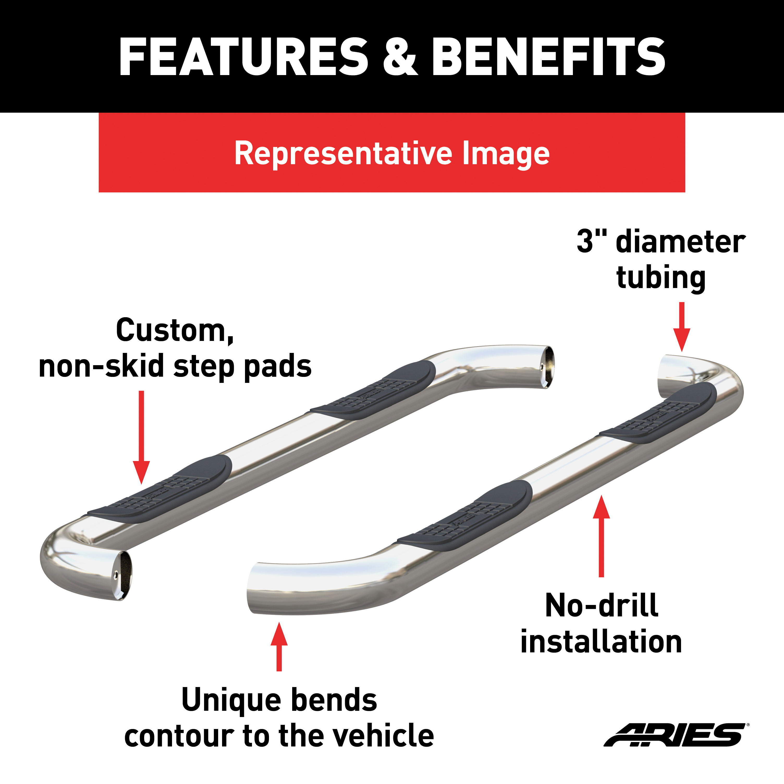 ARIES 209018-2 3-Inch Round Polished Stainless Steel Nerf Bars, No-Drill, Fits Select Nissan Equator, Frontier thumbnail 2