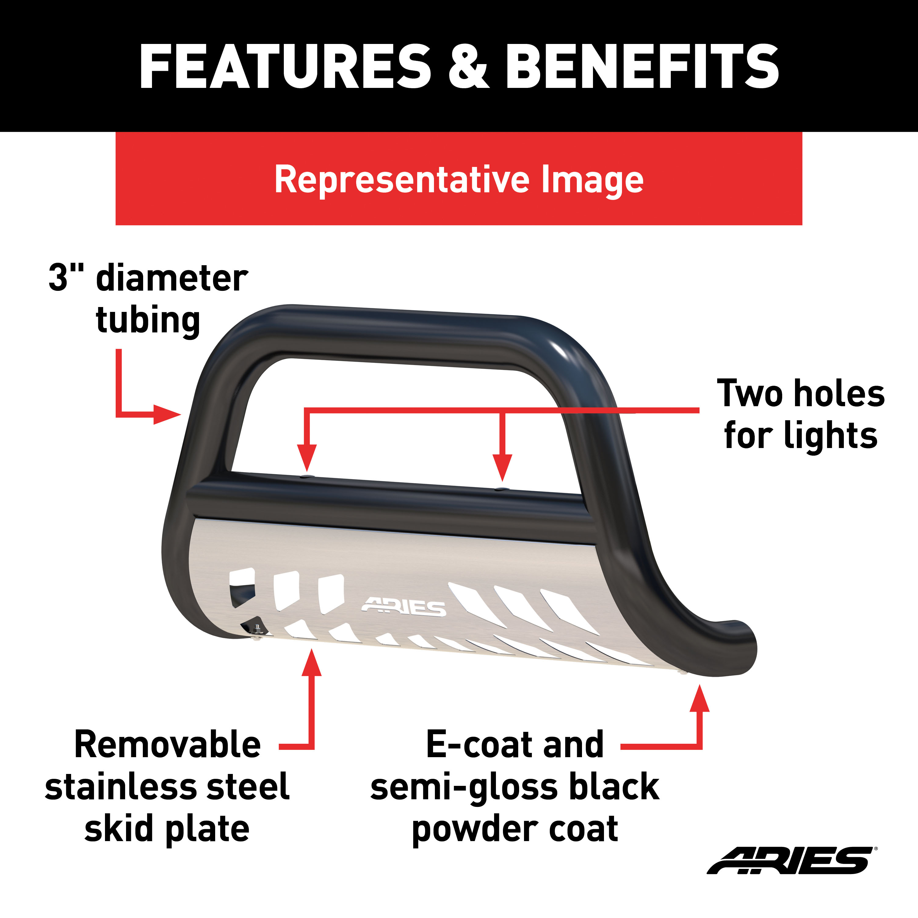 ARIES B35-6001 3-Inch Black Steel Bull Bar, No-Drill, Select Honda Pilot, Ridgeline thumbnail 4