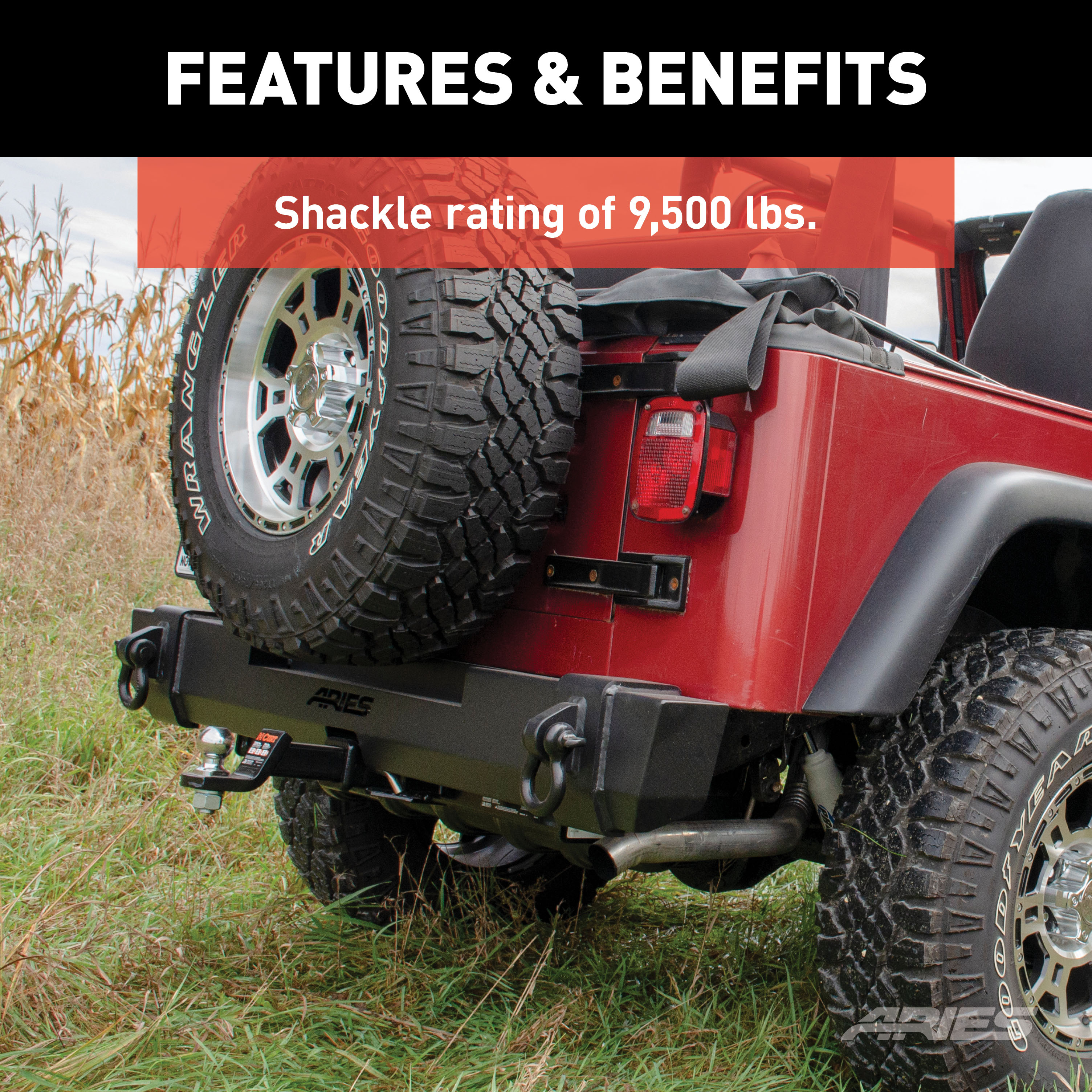 ARIES 2157001 TrailCrusher Black Steel Jeep Wrangler TJ Rear Bumper, 9,500 lbs Shackle Rating thumbnail 3