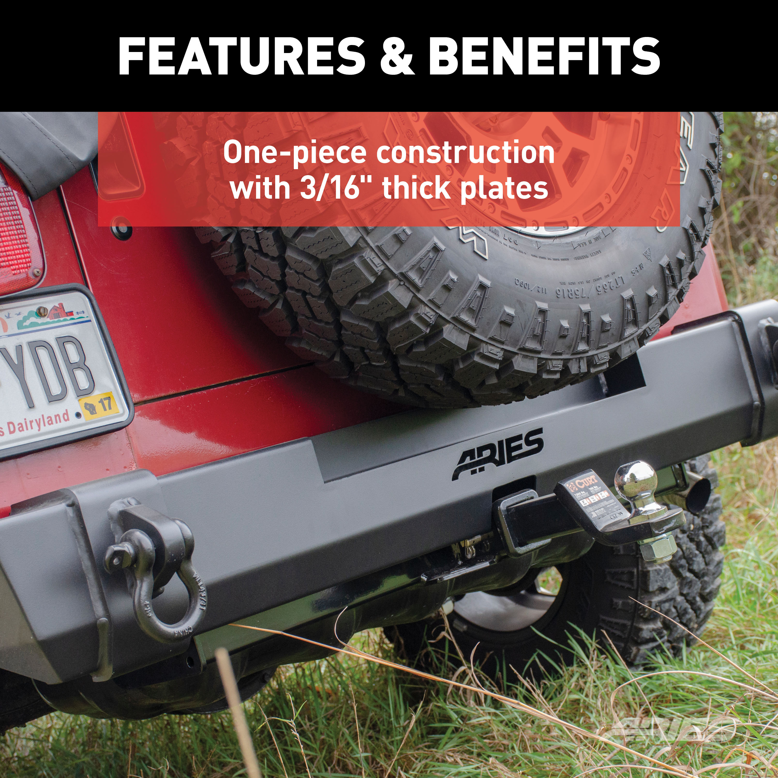 ARIES 2157001 TrailCrusher Black Steel Jeep Wrangler TJ Rear Bumper, 9,500 lbs Shackle Rating thumbnail 5