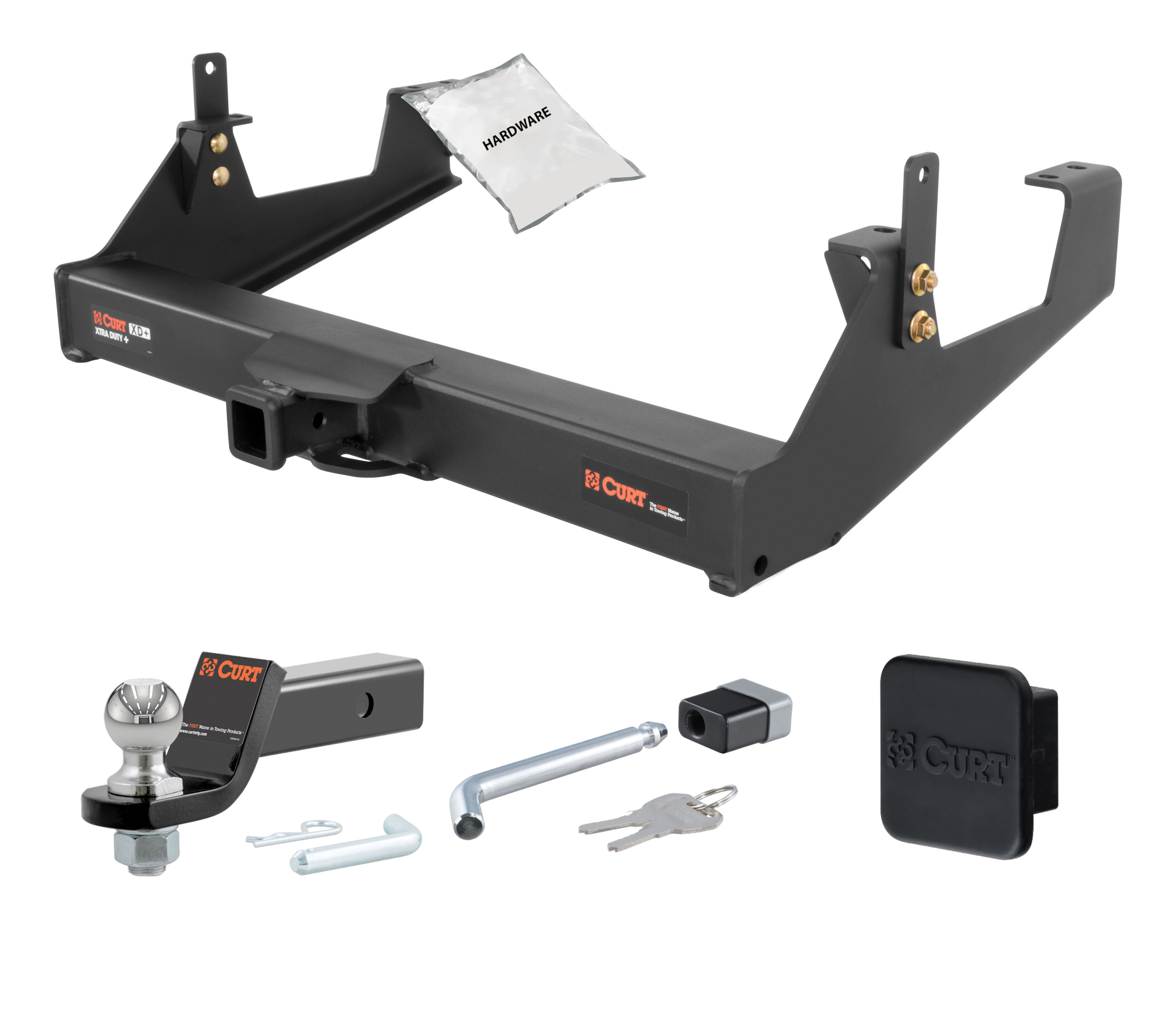 11 - 19 Chevrolet Silverado 2500 HD 6' bed, excluding factory receiver, Tommy Gate lift or cab & chassis 2in. CURT Trailer Hitch + Ball Mount + Cover + Lock Kit HWA467 thumbnail 0