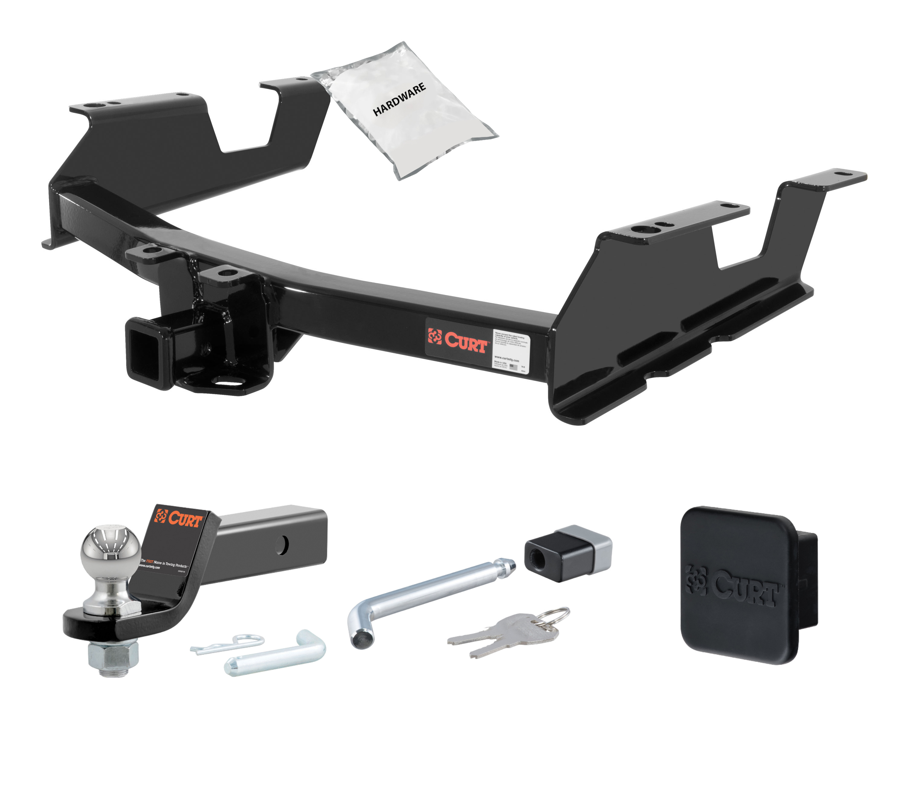 11 - 14 Chevrolet Silverado 2500 HD 8' bed, excluding factory receiver, Tommy Gate lift or cab & chassis 2in. CURT Trailer Hitch + Ball Mount + Cover + Lock Kit HWA488 thumbnail 0