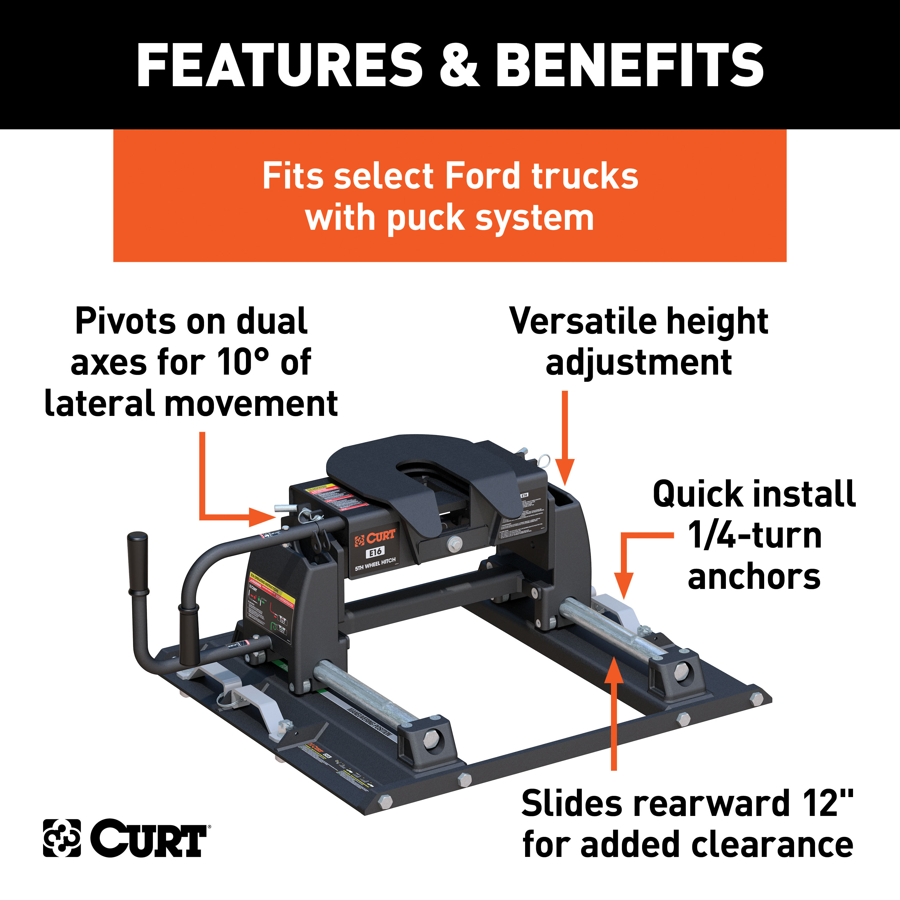 CURT 16K, E16 5th Wheel Slider Hitch, 16,000 lbs, Select Ford F-250, F-350, F-450, 6.75-Foot Bed Puck System 16674 thumbnail 1