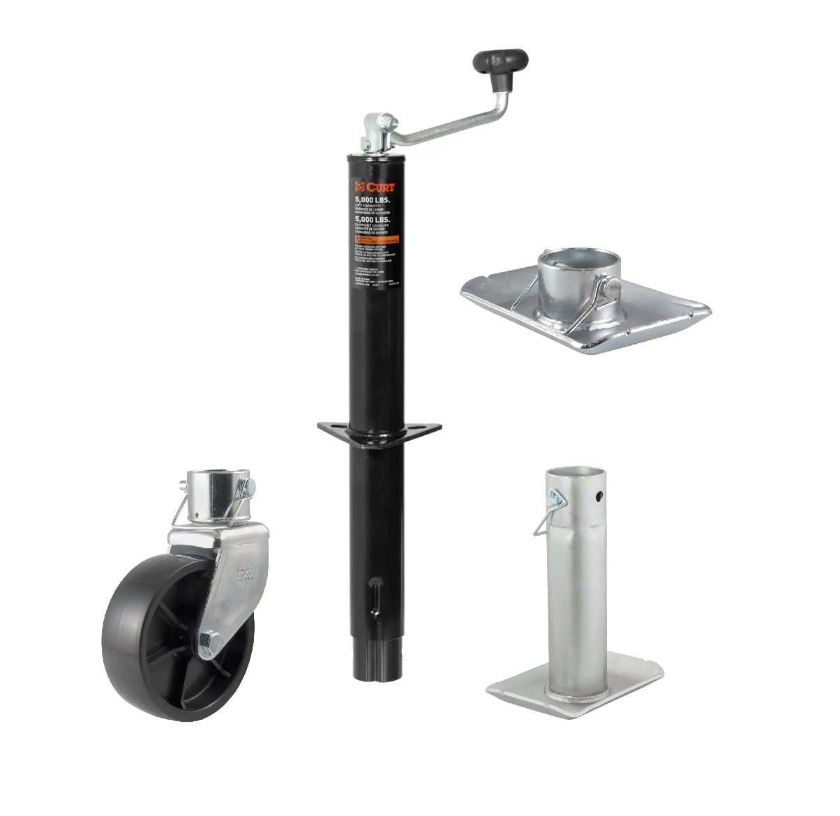 CURT 5,000 lbs, 15" Travel A-Frame Trailer Jack with Top Handle  + 6 in. Caster + 1-11/16 in Foot Plate + 8-1/2 in. Footplate Kit thumbnail 0
