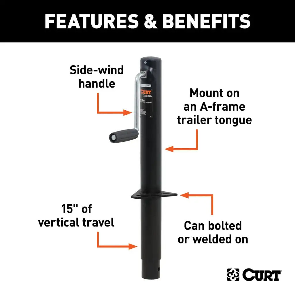 CURT 2,000 lbs, 14-1/2" Travel A-Frame Trailer Jack with Side Handle  + 6 in. Caster Wheel thumbnail 2