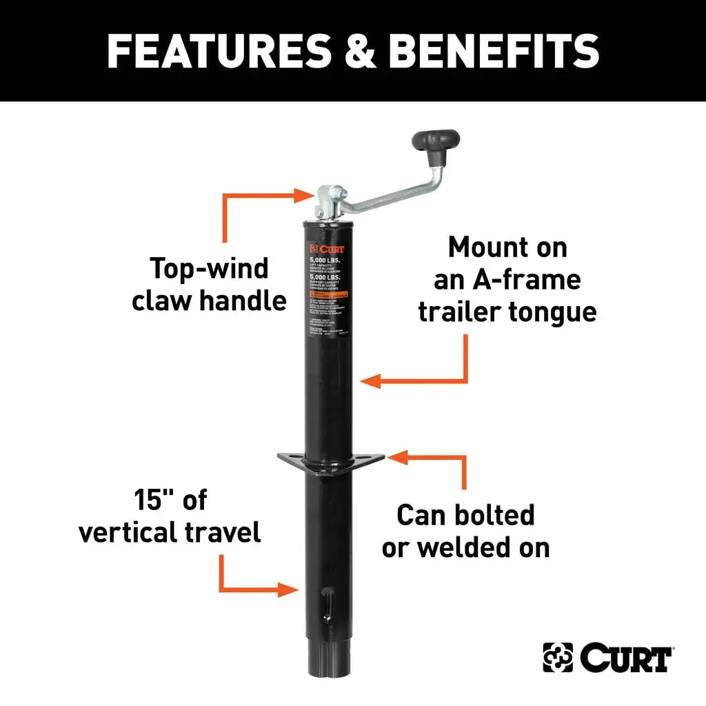 CURT 5,000 lbs, 15" Travel A-Frame Trailer Jack with Top Handle  + 6 in. Caster Wheel thumbnail 2