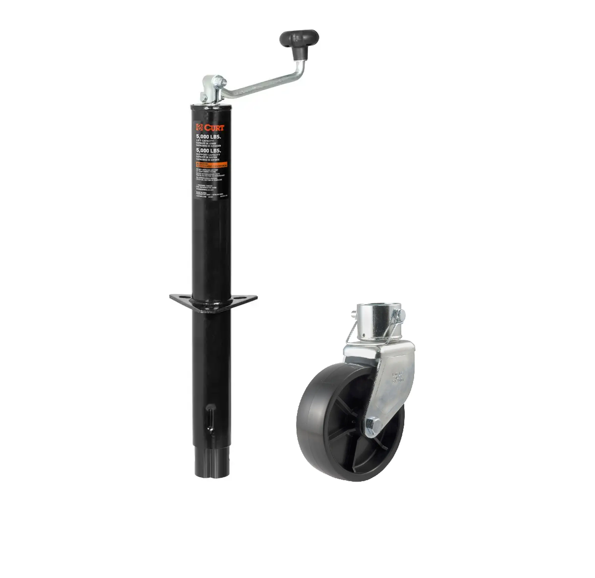 CURT 5,000 lbs, 15" Travel A-Frame Trailer Jack with Top Handle  + 6 in. Caster Wheel thumbnail 0