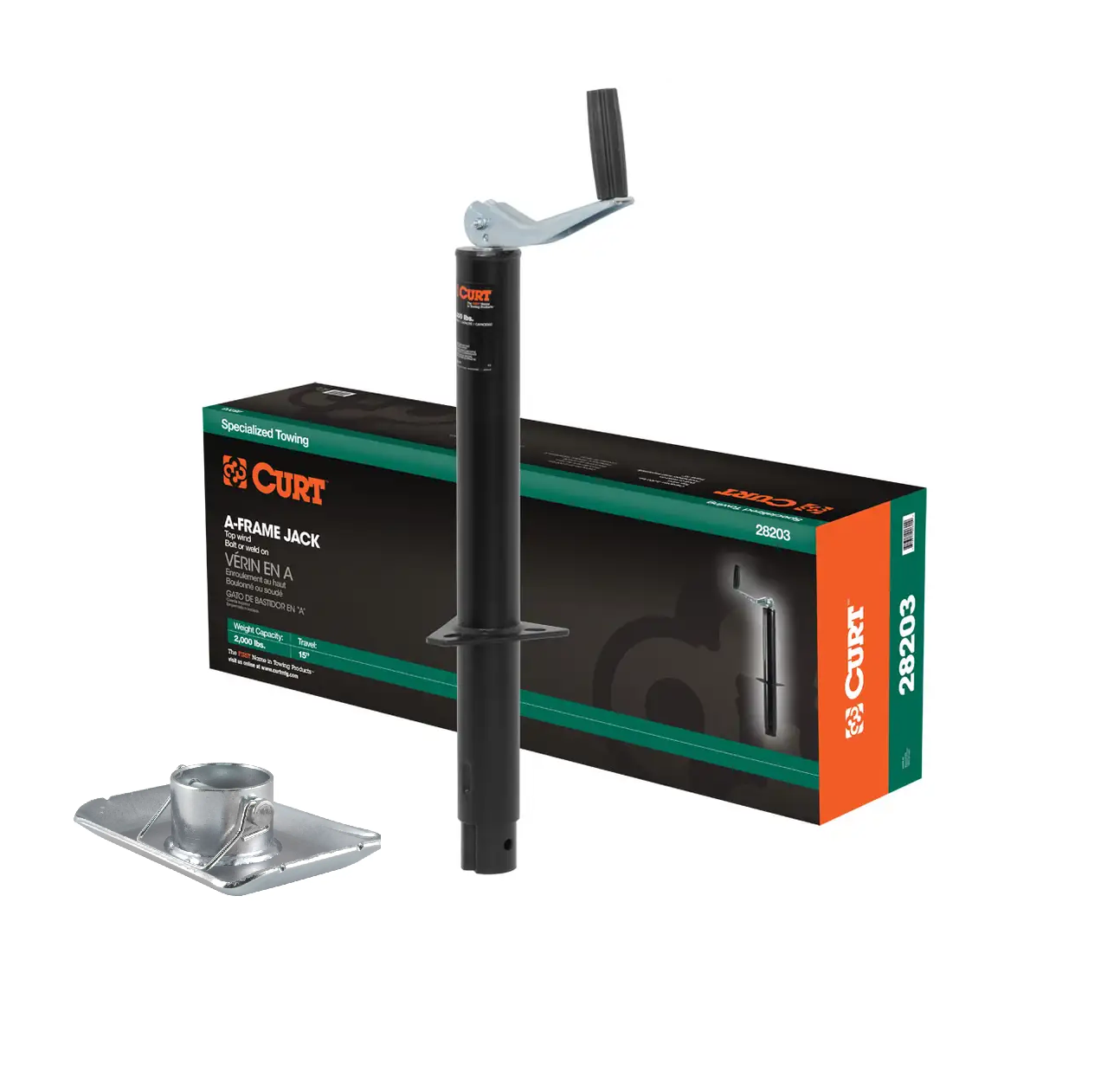 CURT 2,000 lbs, 15" Travel A-Frame Jack with Top Handle Packaged + 1-11/16 in. Footplate thumbnail 0