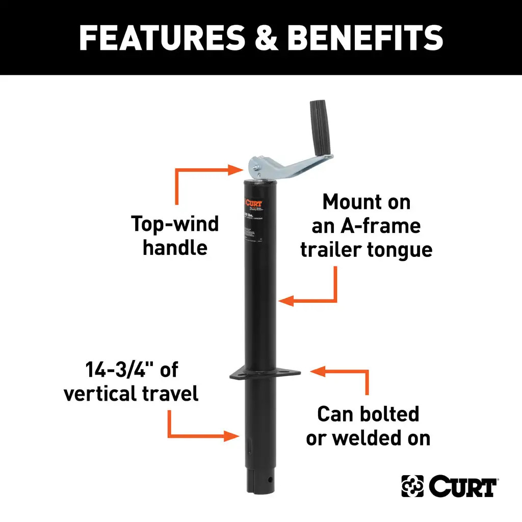 CURT 2,000 lbs, 15" Travel A-Frame Jack with Top Handle Packaged + 1-11/16 in. Footplate thumbnail 2