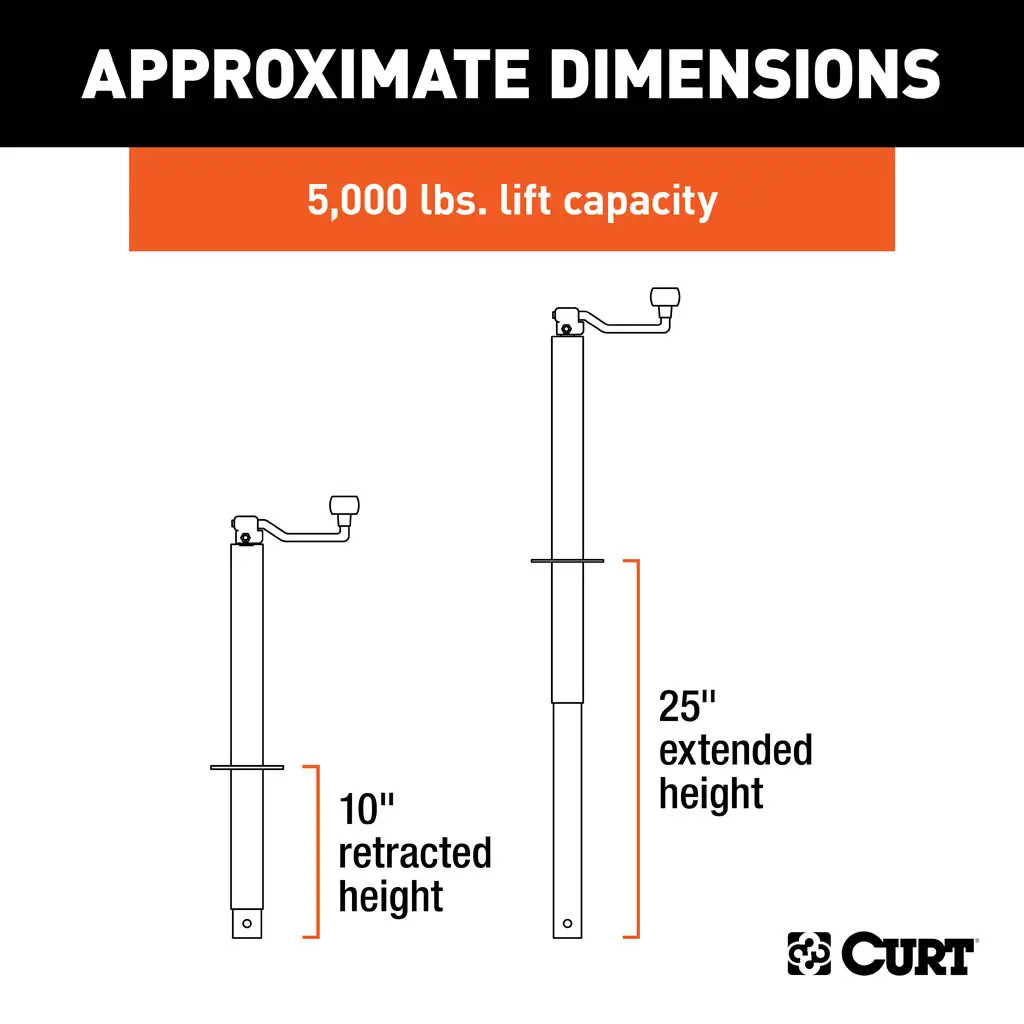CURT 5,000 lbs, 15" Travel A-Frame Trailer Jack with Top Handle  + 8-1/2 in. Foot Plate thumbnail 1