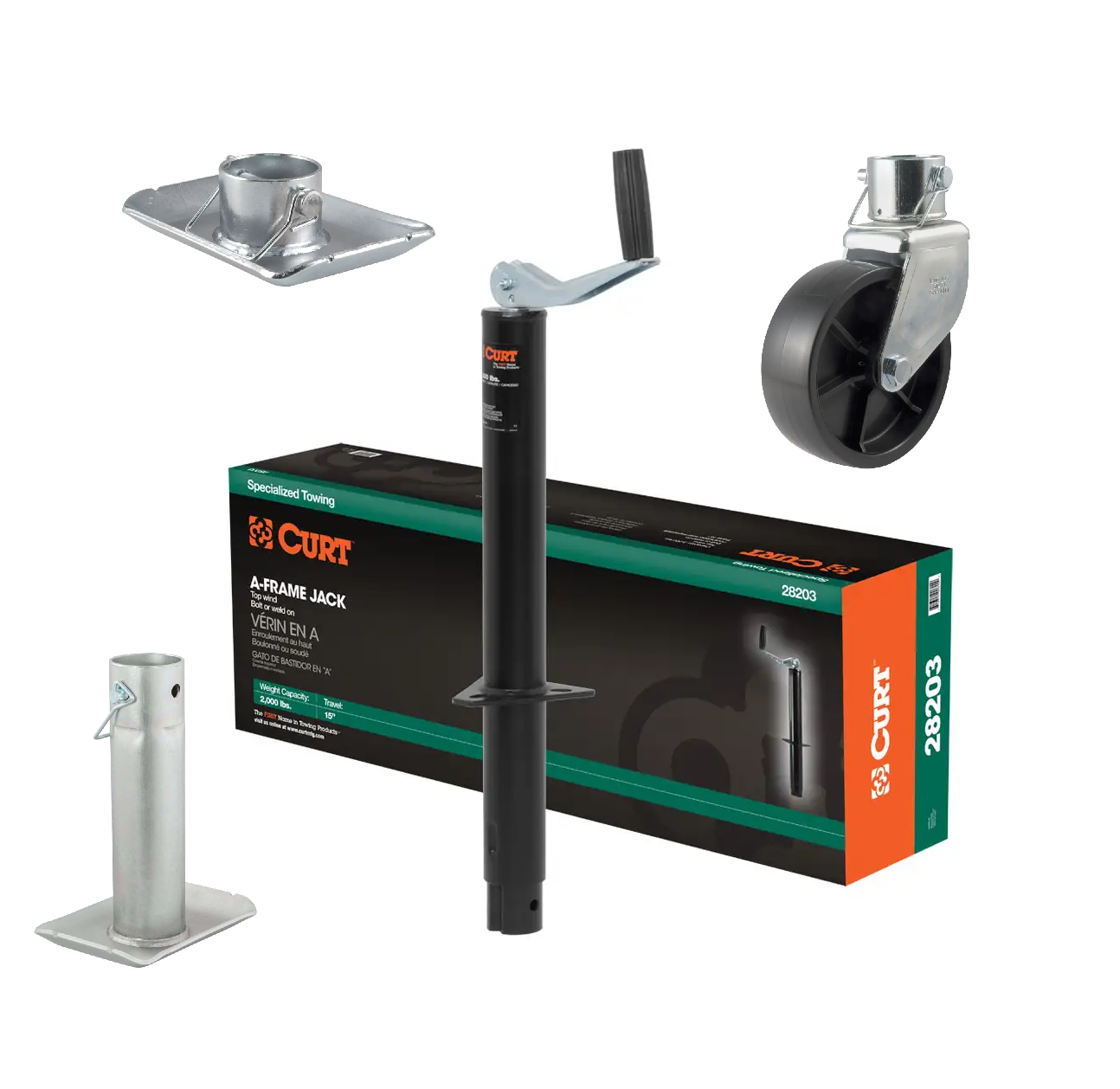 CURT 2,000 lbs, 15" Travel A-Frame Jack with Top Handle Packaged + 6 in. Caster + 1-11/16 in Foot Plate + 8-1/2 in. Footplate Kit thumbnail 0