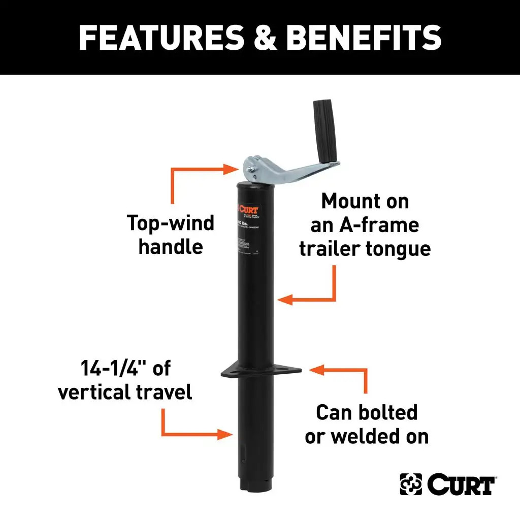 CURT 2,000 lbs, 14" TravelA-Frame Jack with Top Handle + 6 in. Caster Wheel thumbnail 2