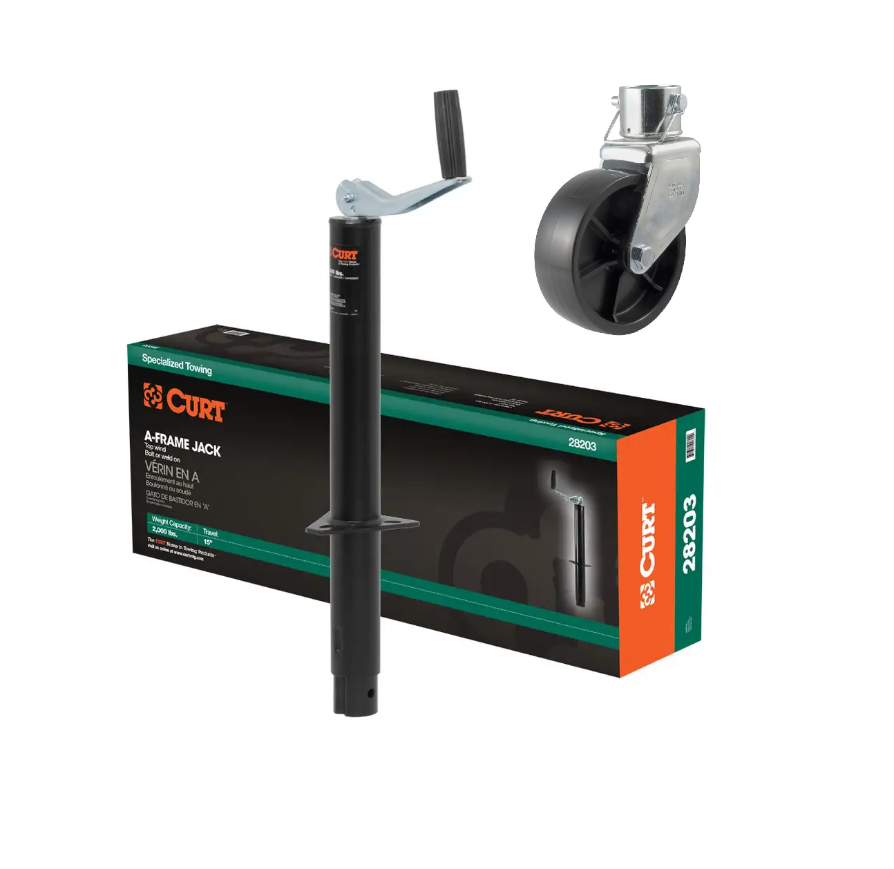 CURT 2,000 lbs, 15" Travel A-Frame Jack with Top Handle Packaged + 6 in. Caster Wheel thumbnail 0