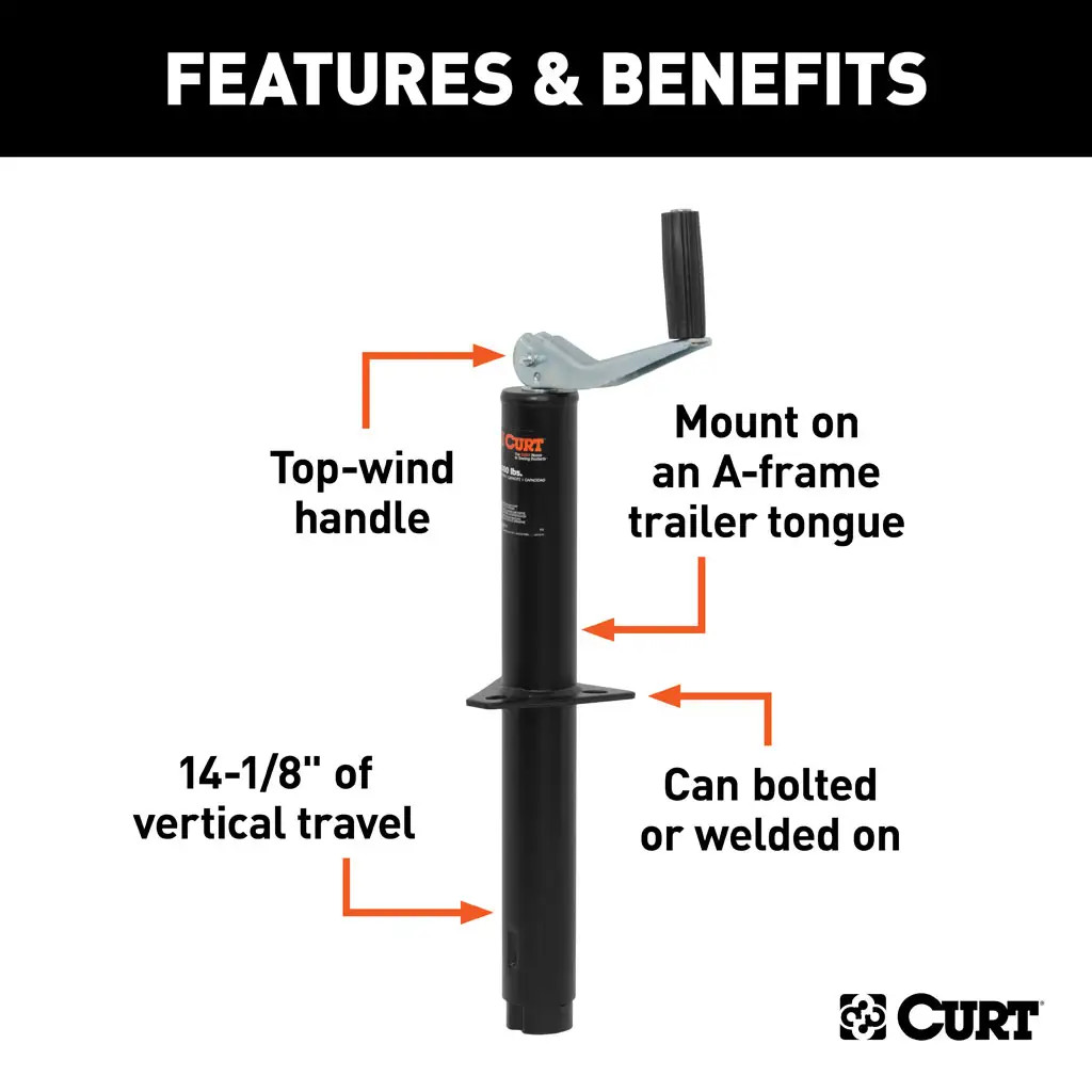 CURT 5,000 lbs, 14" Travel A-Frame Jack with Top Handle + 8-1/2 in. Foot Plate thumbnail 2