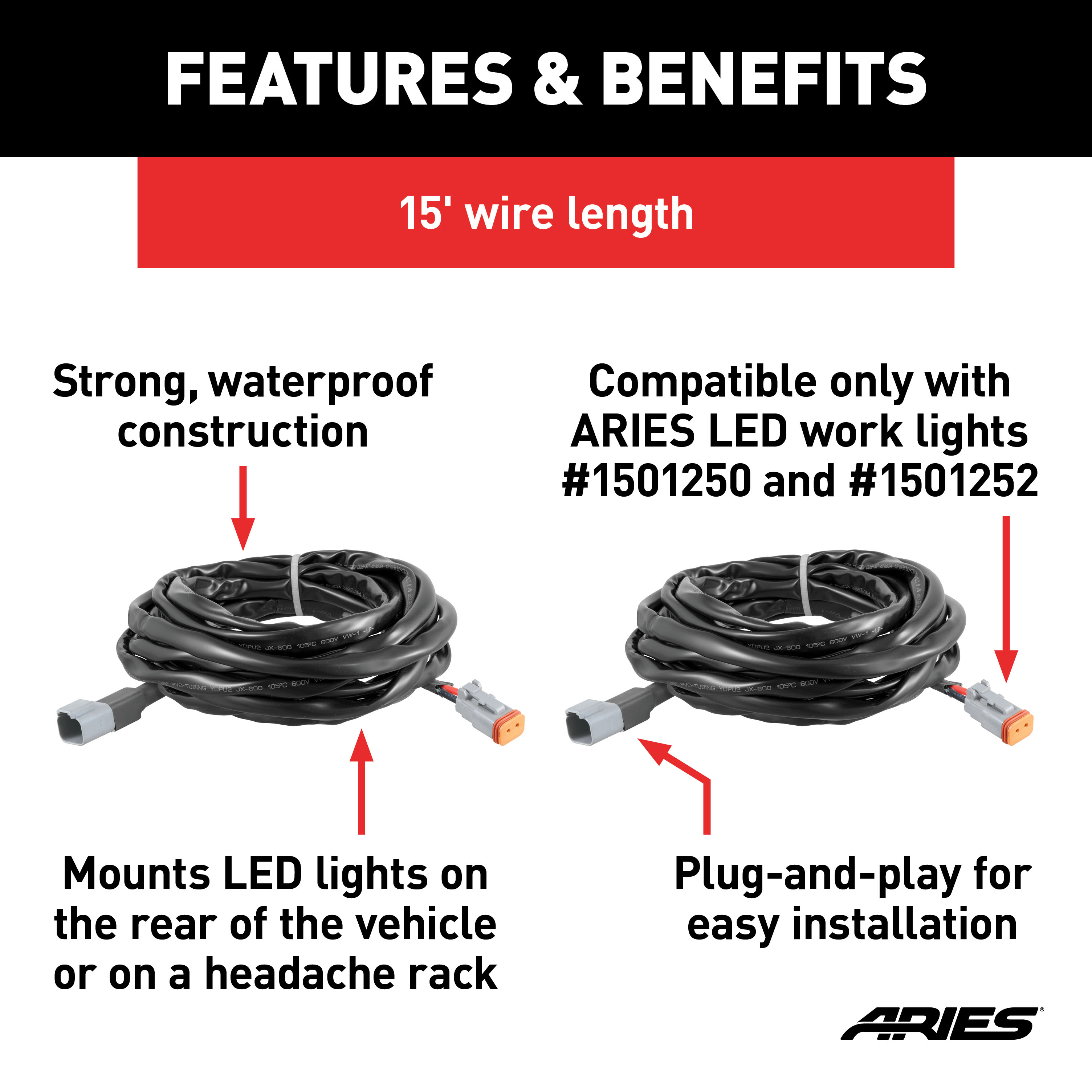 ARIES 1501243 Replacement LED Light Extension Harnesses, 2-Pack thumbnail 1