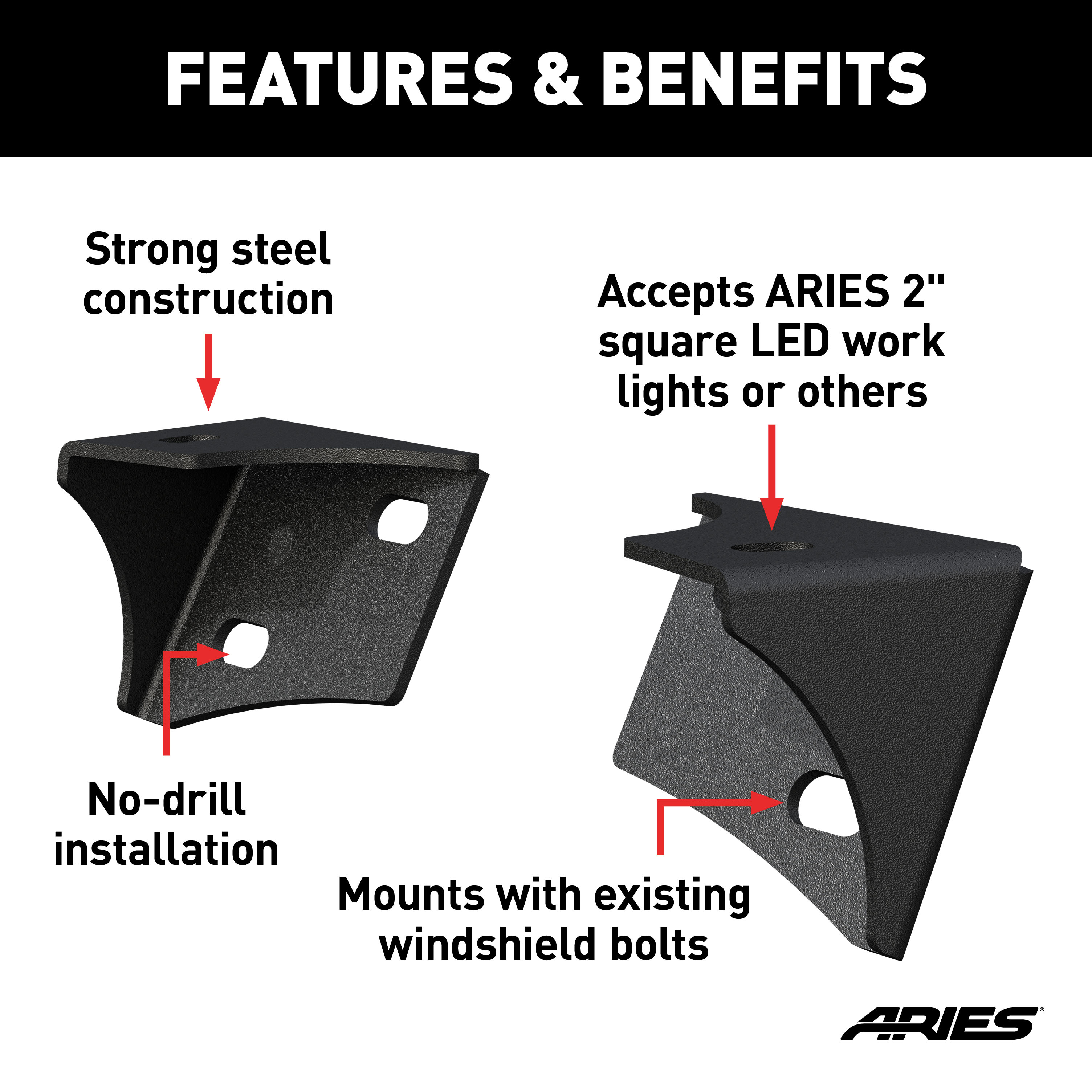 ARIES AR15800 Jeep Wrangler JK Windshield Light Brackets, LEDs Sold Separately thumbnail 1