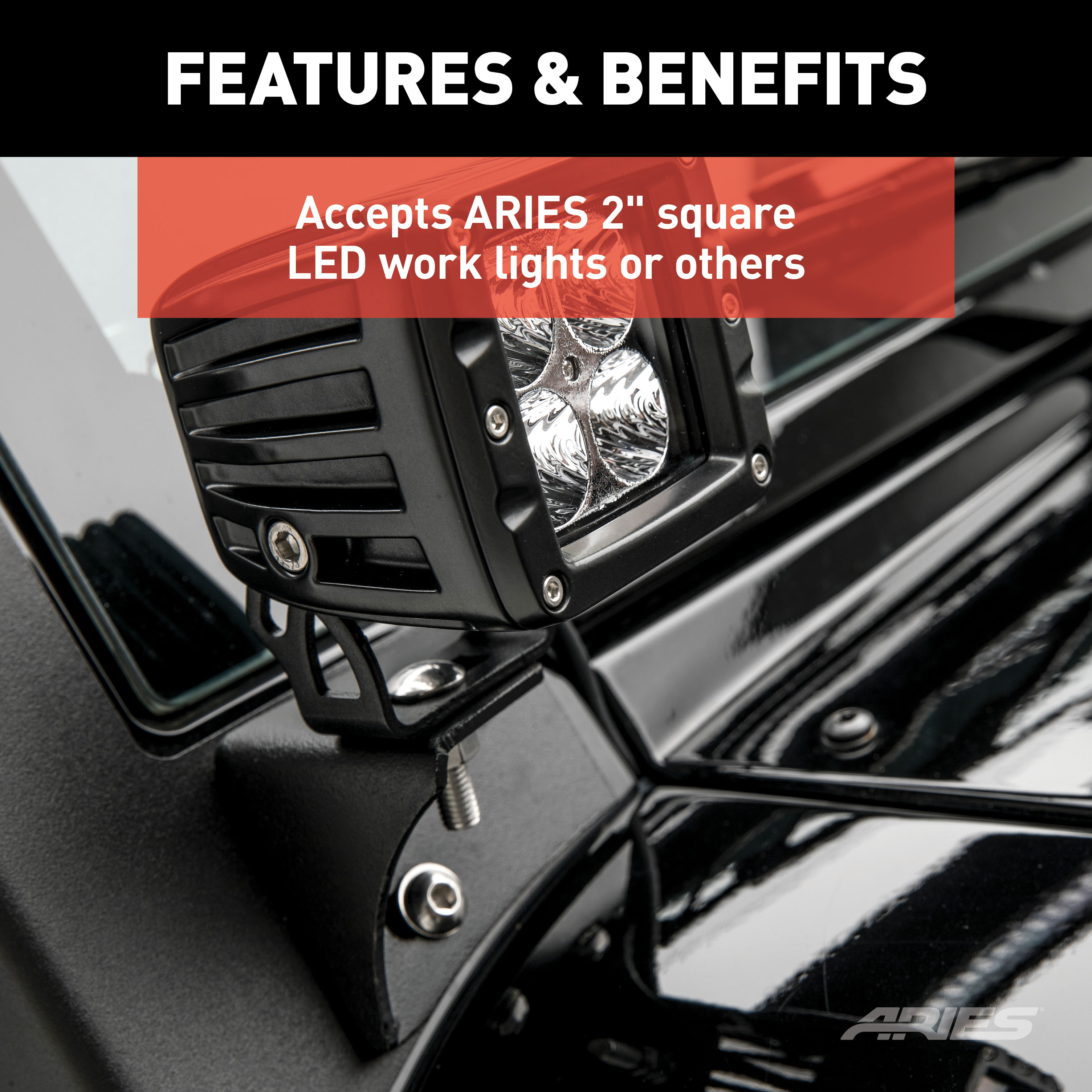 ARIES AR15800 Jeep Wrangler JK Windshield Light Brackets, LEDs Sold Separately thumbnail 2