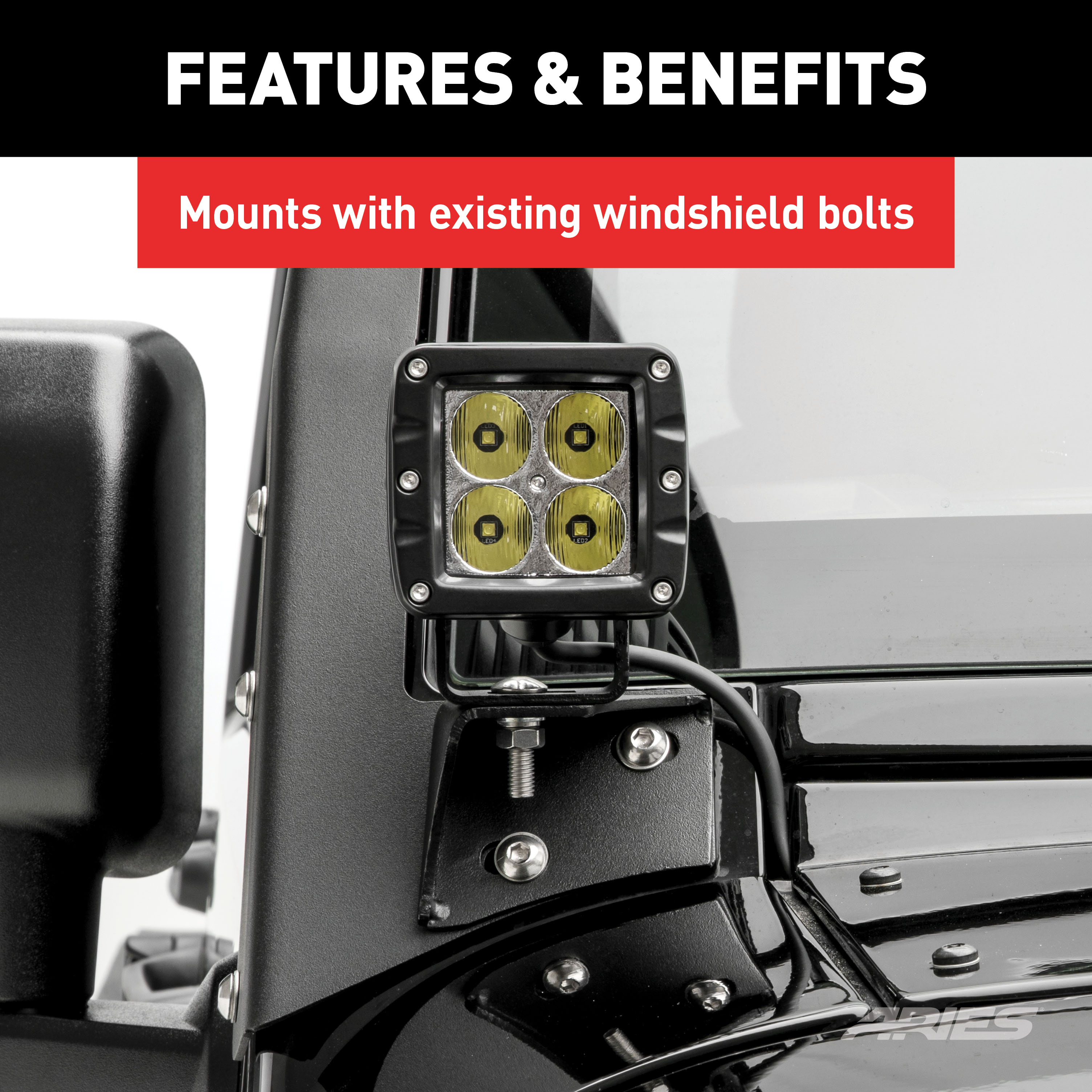 ARIES AR15800 Jeep Wrangler JK Windshield Light Brackets, LEDs Sold Separately thumbnail 3