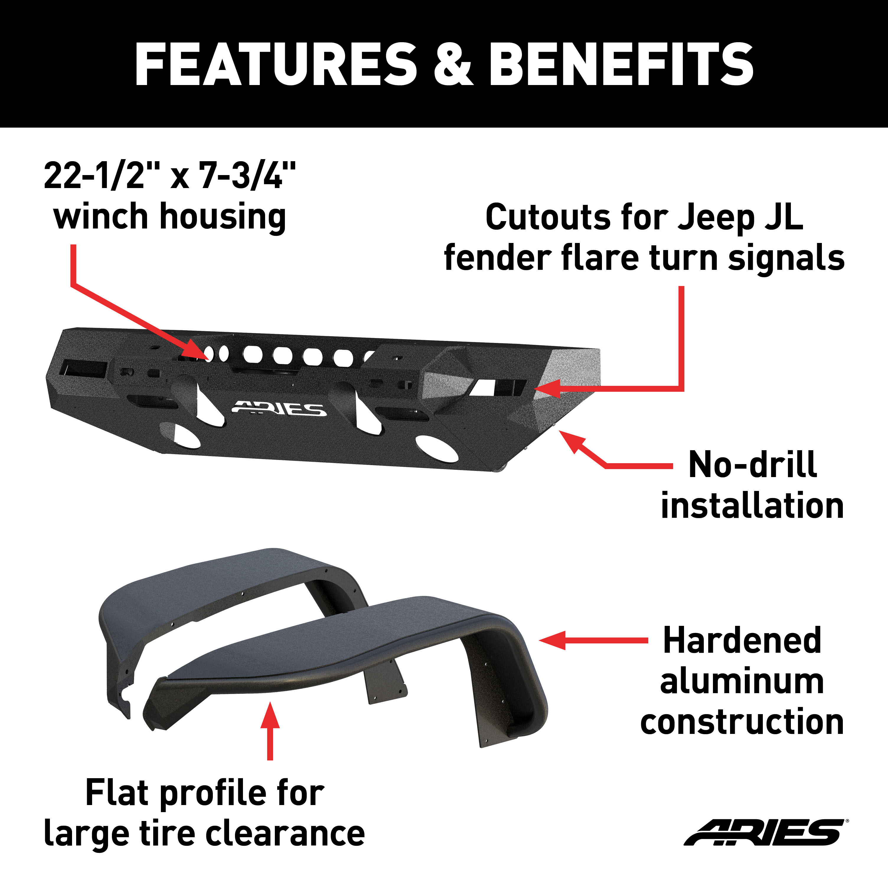 ARIES 2082077 TrailChaser Black Aluminum Jeep Wrangler JL Front Bumper and Fender Flares thumbnail 1