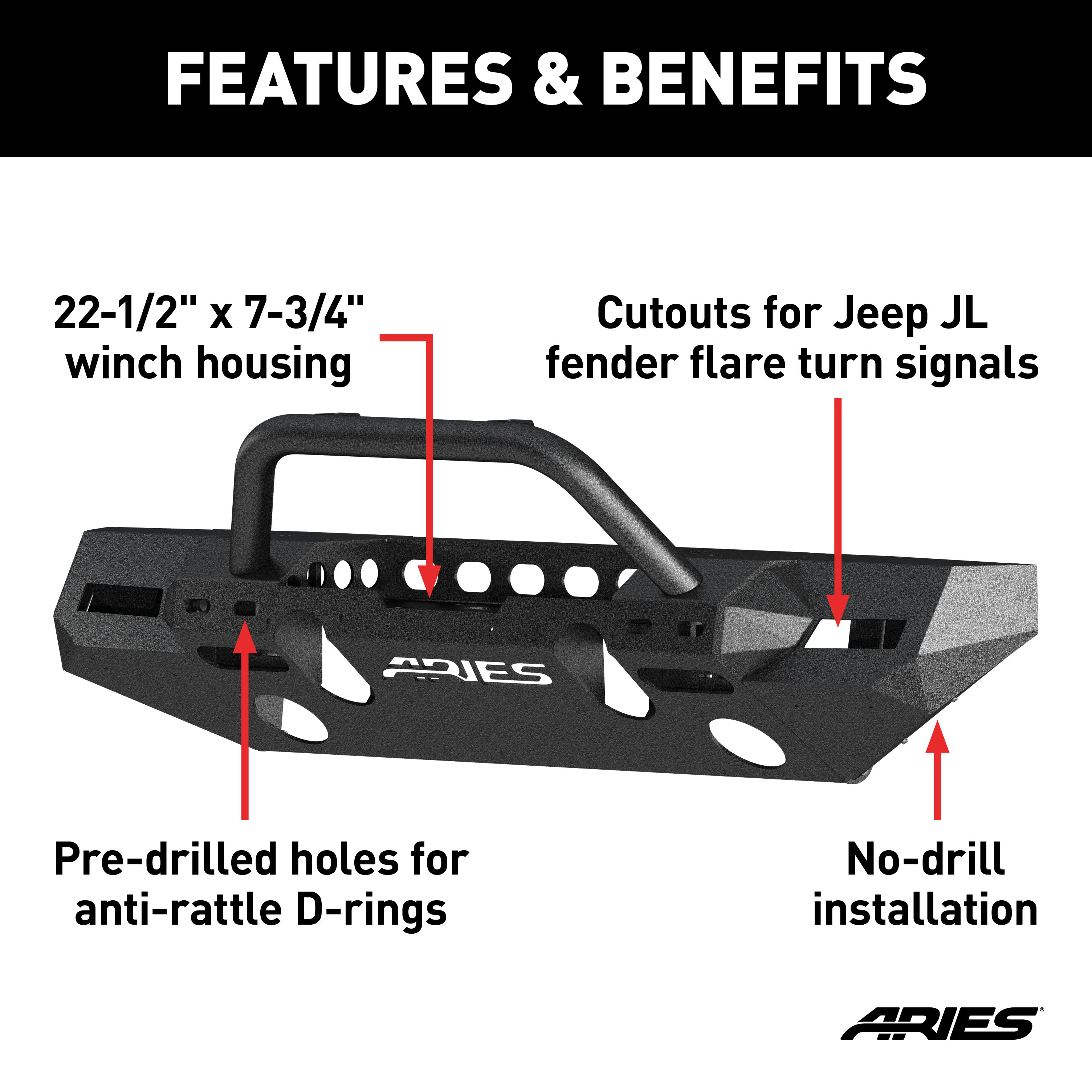 ARIES 2082098 TrailChaser Black Aluminum Front Bumper with Brush Guard and Winch Mount, Select Jeep Wrangler JL, Gladiator thumbnail 1