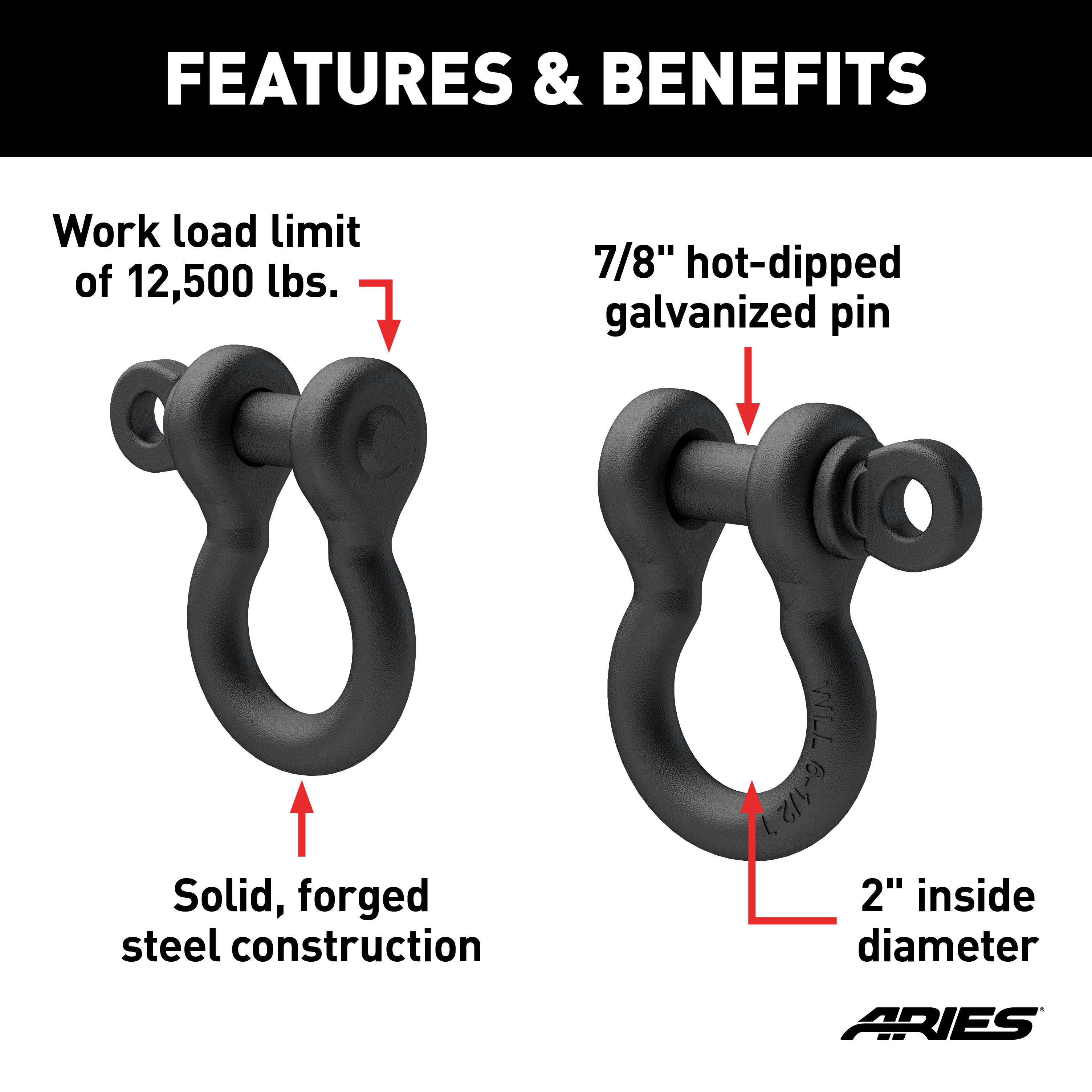 ARIES 2166071 Heavy-Duty Bolt-On Tow Hooks D-Ring Shackles, 12,500 lbs Capacity thumbnail 1