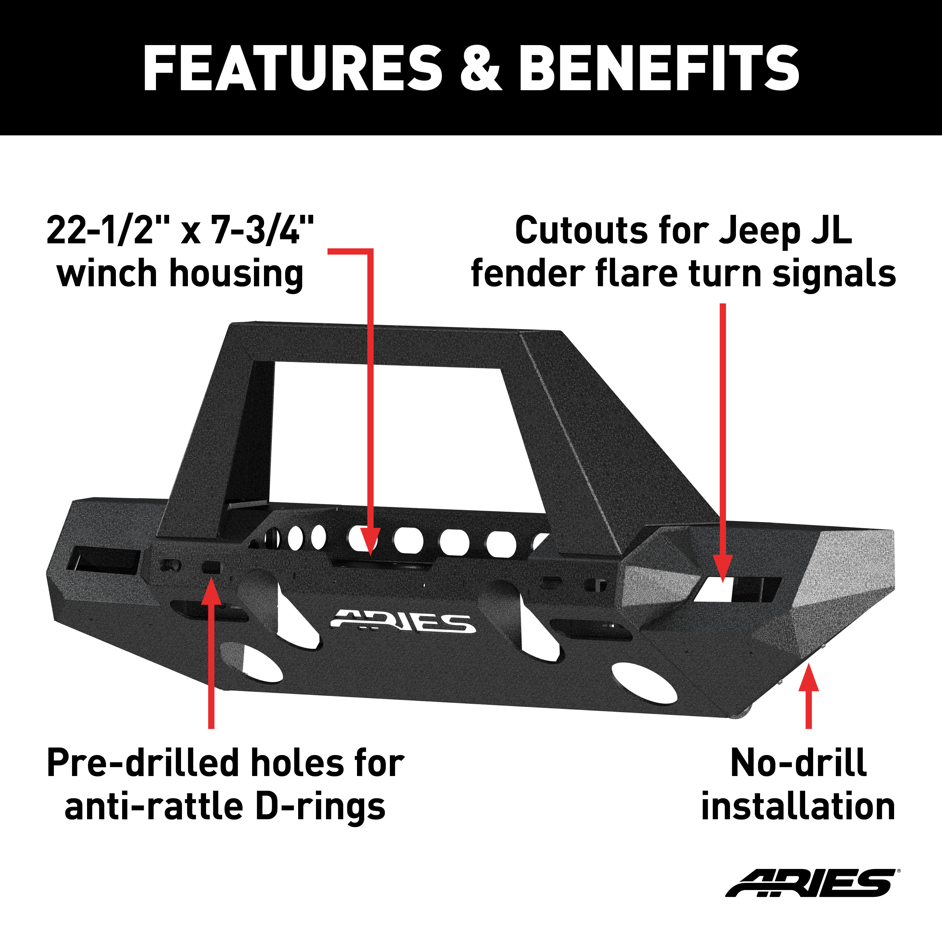 ARIES 2082099 TrailChaser Black Aluminum Front Bumper with Brush Guard and Winch Mount, Select Jeep Wrangler JL, Gladiator thumbnail 1