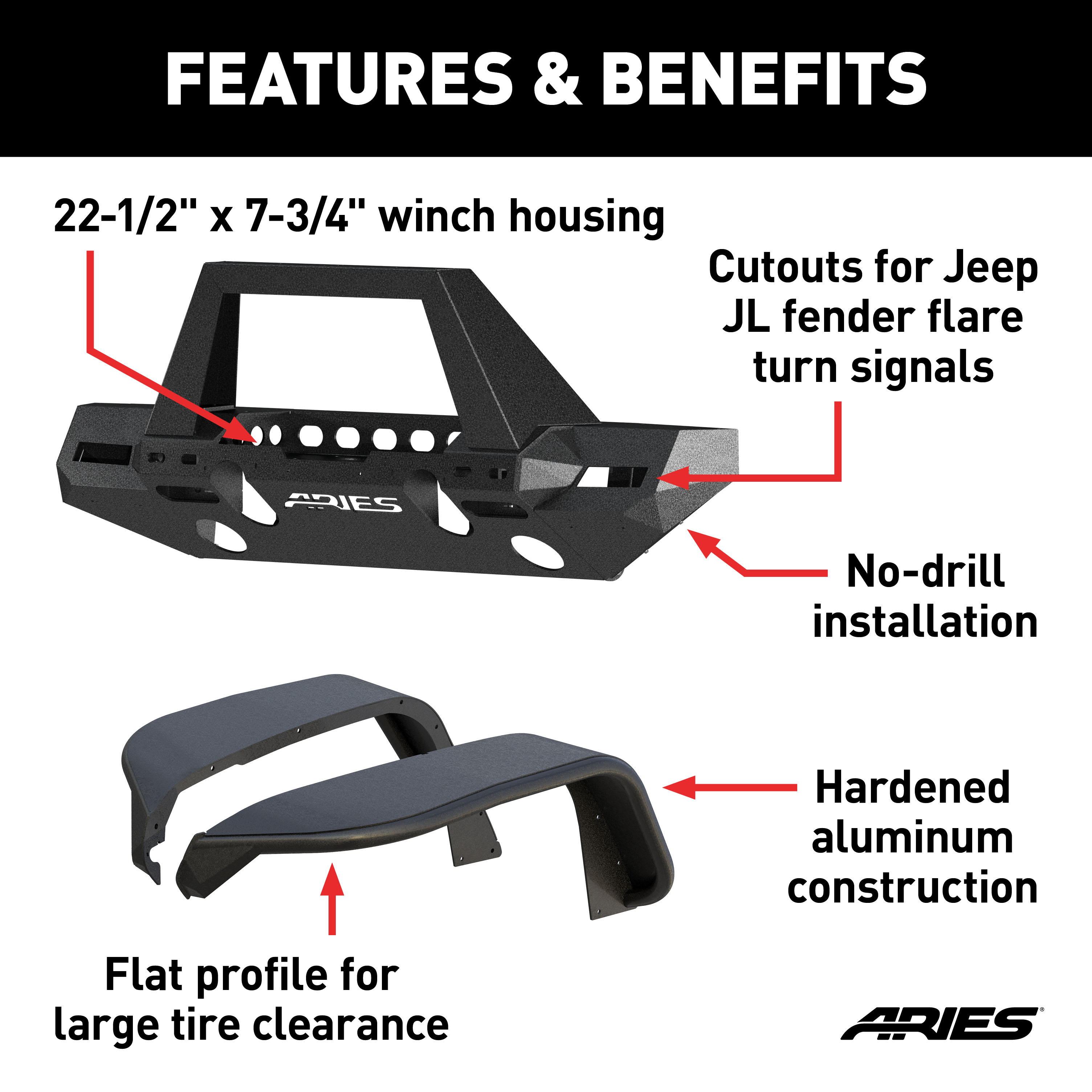 ARIES 2082097 TrailChaser Black Aluminum Front Bumper and Fender Flares, Select Jeep Wrangler JL thumbnail 1