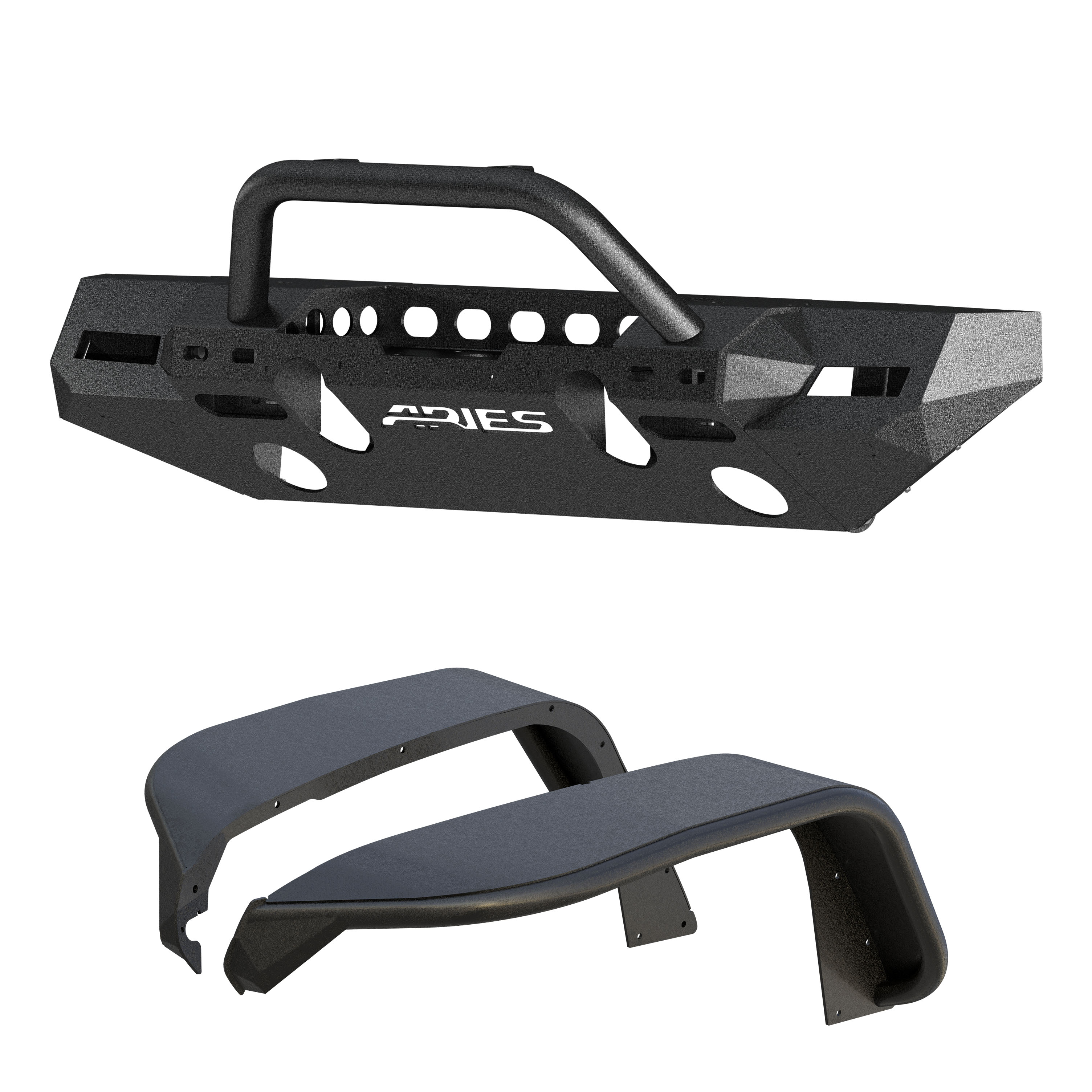 ARIES 2082086 TrailChaser Black Steel Front Bumper, Aluminum Fender Flares, Select Jeep Wrangler JL thumbnail 0
