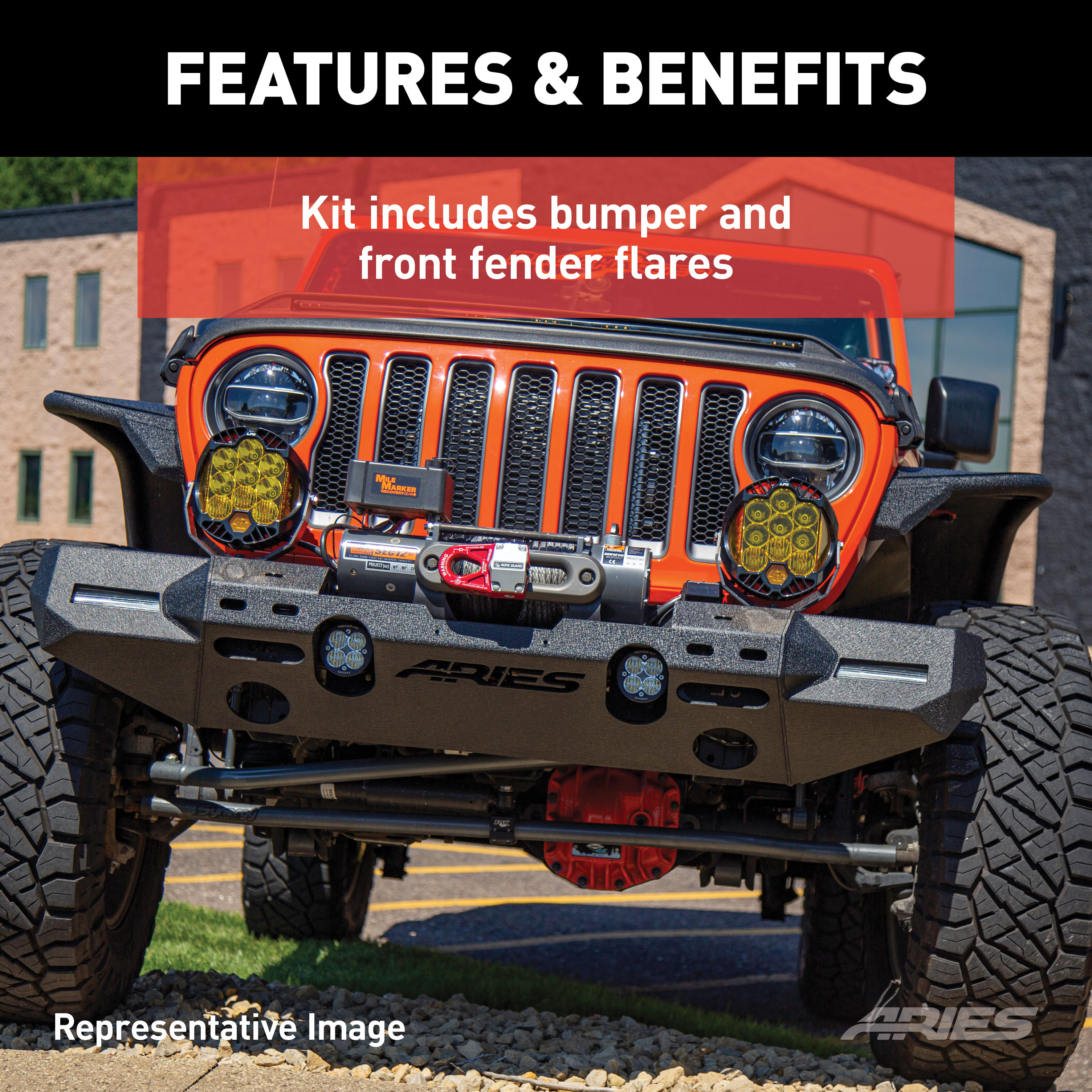 ARIES 2082086 TrailChaser Black Steel Front Bumper, Aluminum Fender Flares, Select Jeep Wrangler JL thumbnail 2
