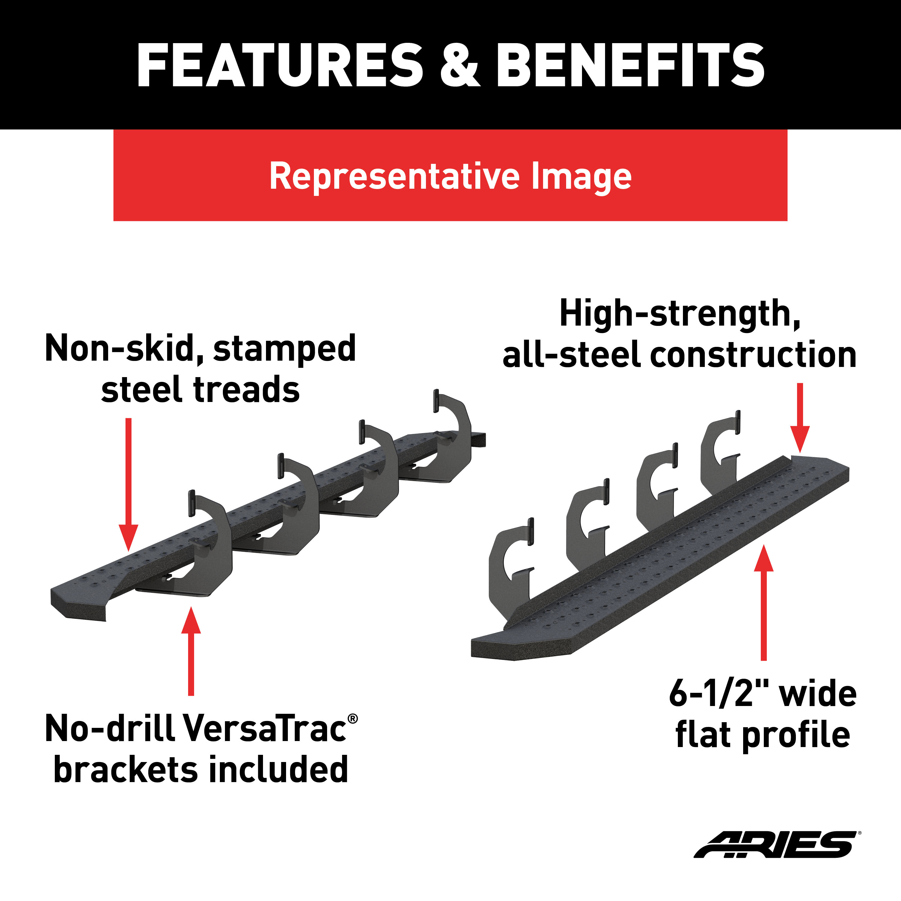 ARIES 2055549 RidgeStep Black Steel 6-1/2 x 91-Inch Truck Running Boards, Select Ram 1500 Crew Cab thumbnail 2