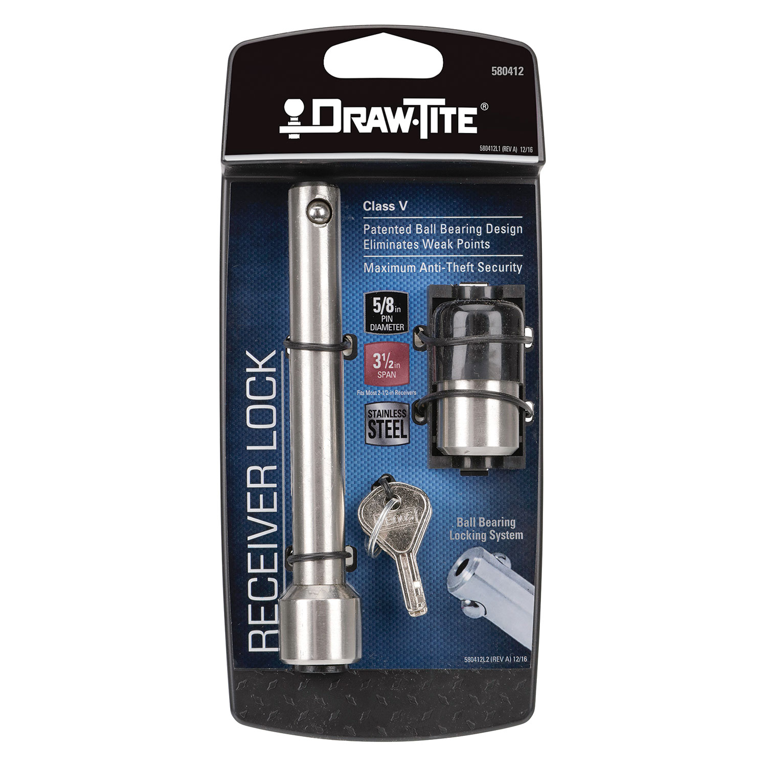 Draw-tite Trailer Hitch Lock, Fits 2-1/2 in. Receiver, 5/8 in. Pin Diameter, Dogbone Style, Stainless Steel thumbnail 2