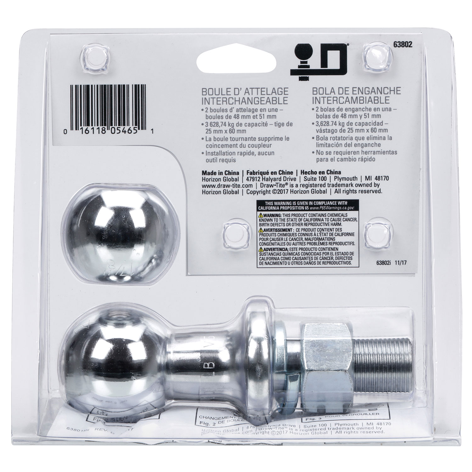 Draw-tite Interchangeable Trailer Hitch Ball, 8,000 lbs. Capacity, Chrome DT63802 thumbnail 5