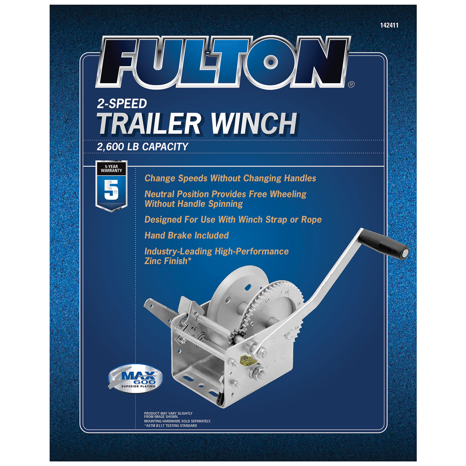 Fulton Trailer Winch, Two-Speed, 2,600 lbs. Capacity, No Strap FL142411 thumbnail 1