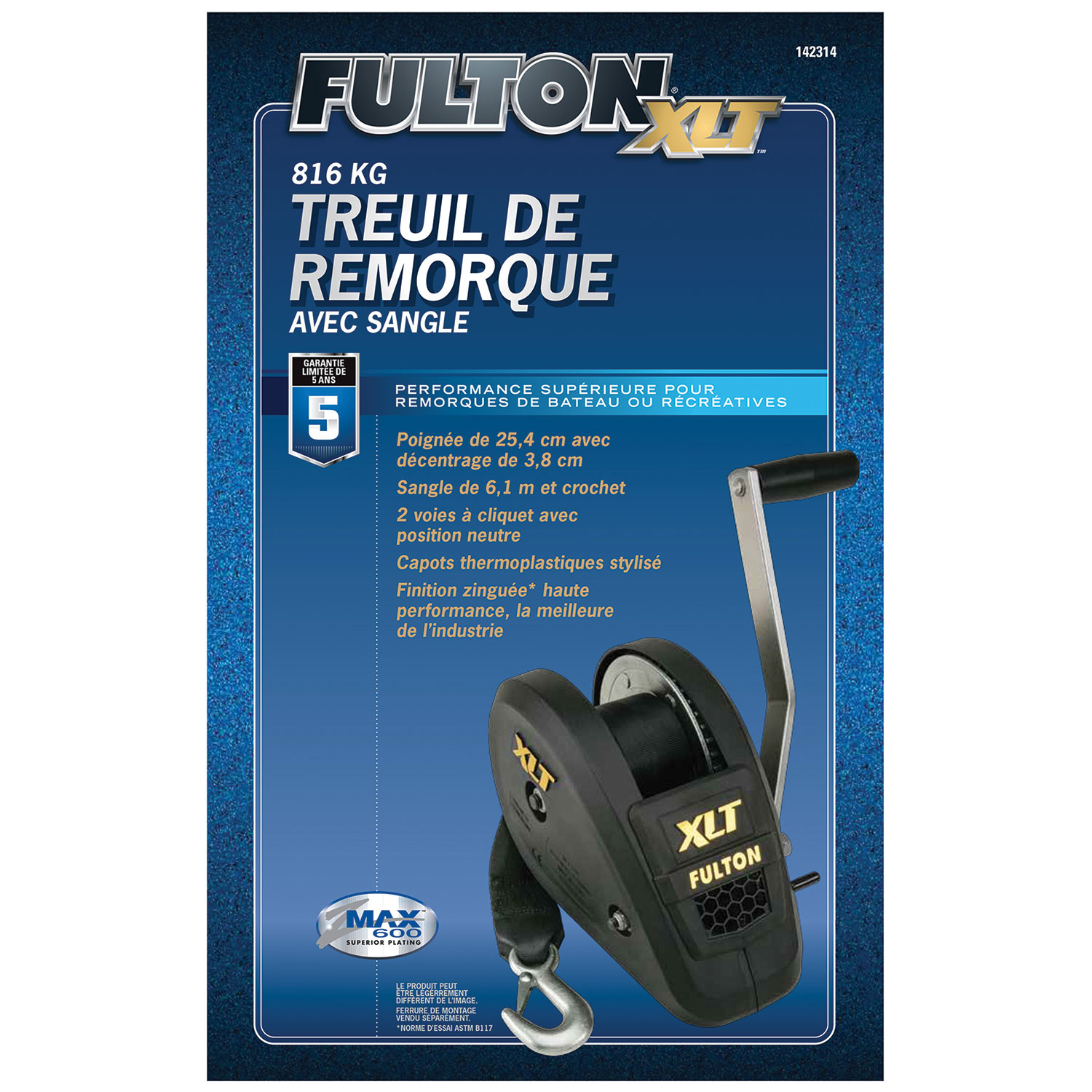 Fulton XLT  Marine Trailer Winch, Single-Speed, 1,800 lbs. Capacity, 20 ft. Strap, 8 in. Handle FL142314 thumbnail 3
