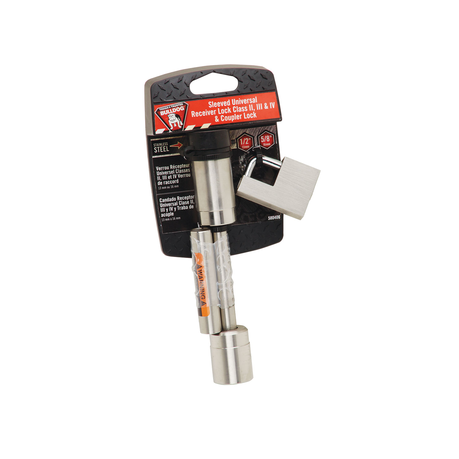 Draw-tite Trailer Hitch Lock, Fits 1-1/4 in. & 2 in. Receivers, 1/2 in. & 5/8 in. Pin Diameter, Dogbone Style, Stainless Steel DT580406 thumbnail 1