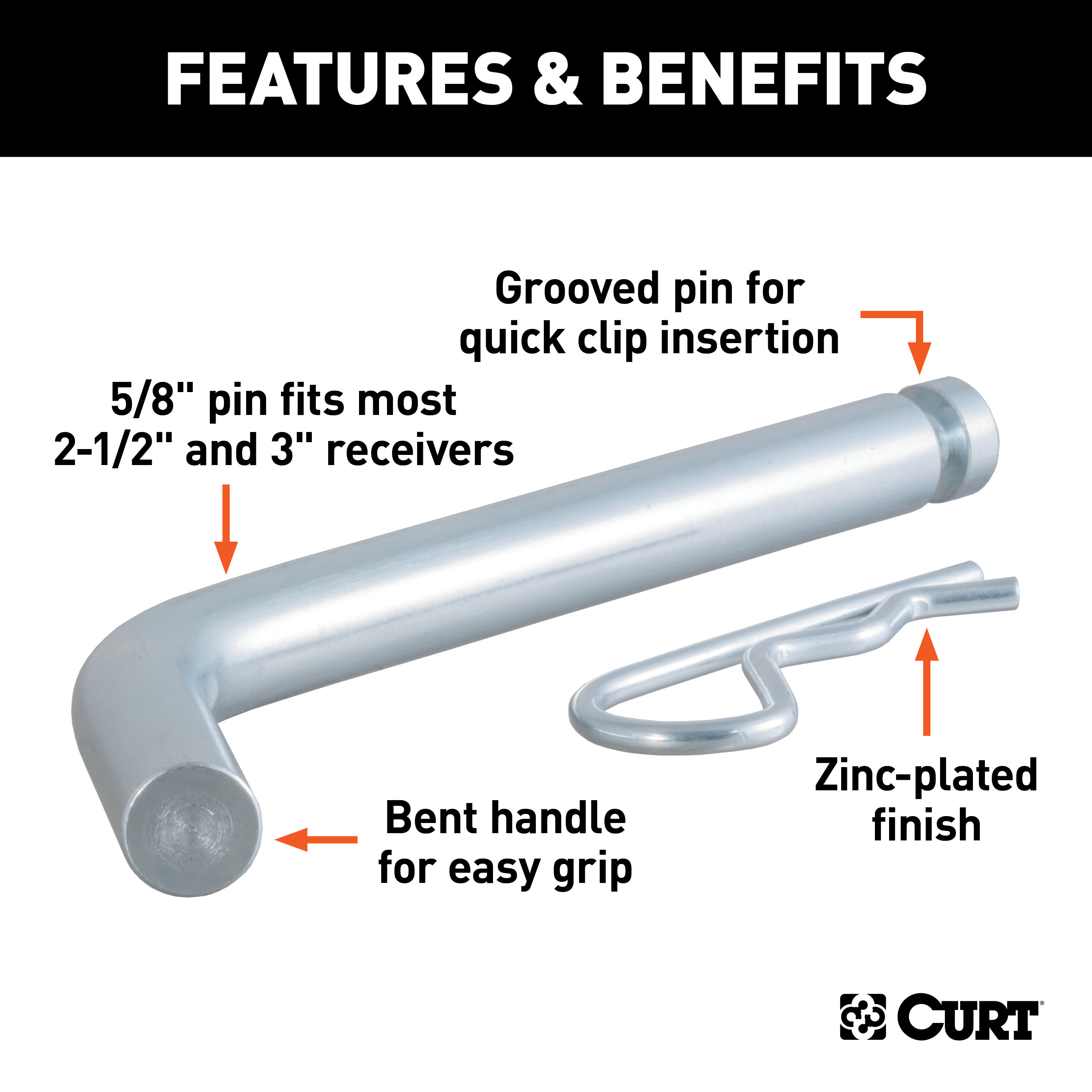 CURT Heavy-Duty 5/8" Hitch Pin with Groove (2-1/2" or 3" Receiver, Zinc, Packaged) Hitch Pin Clip thumbnail 3