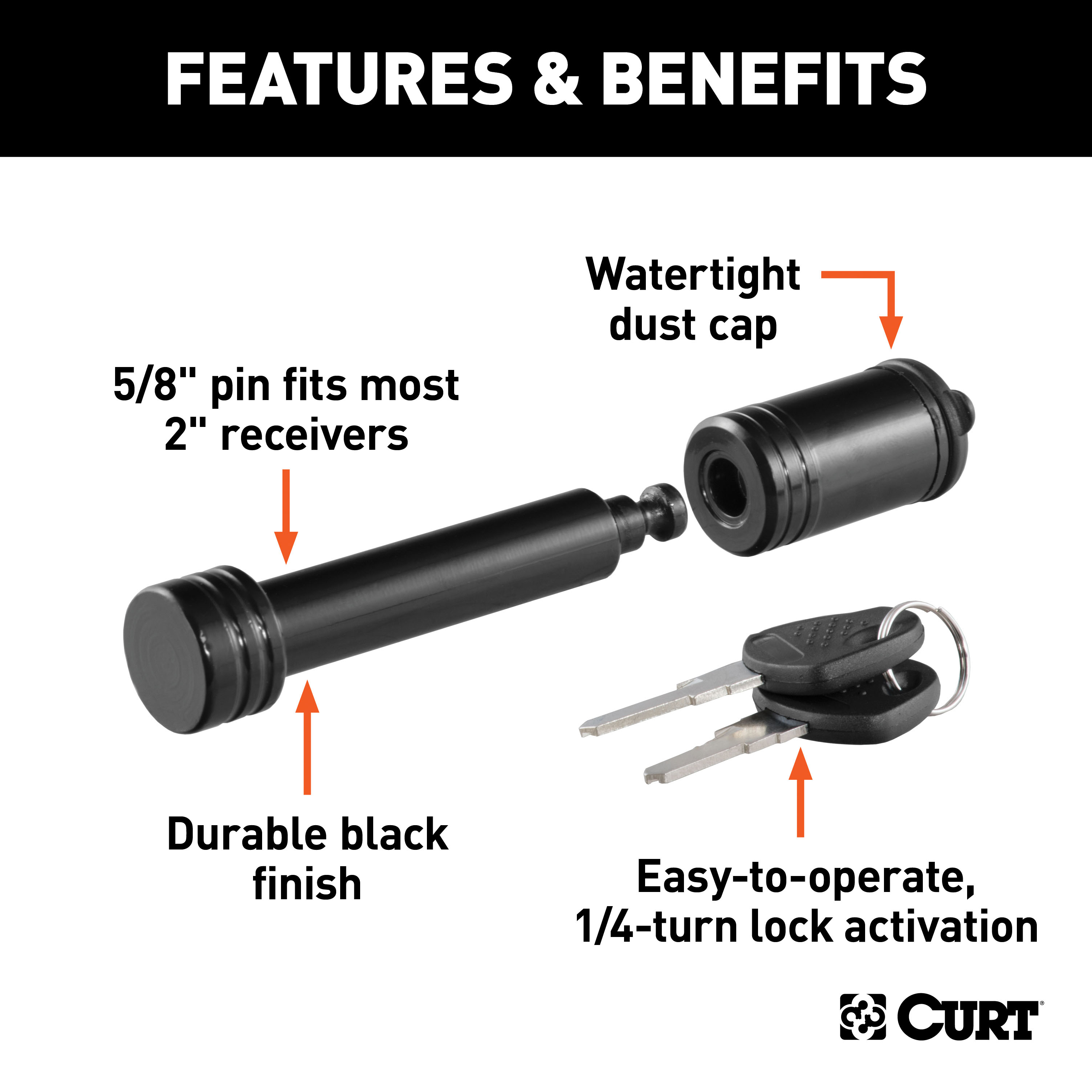 CURT 5/8" Hitch Lock (2" Receiver, Barbell, Black) Trailer Hitch Lock thumbnail 1