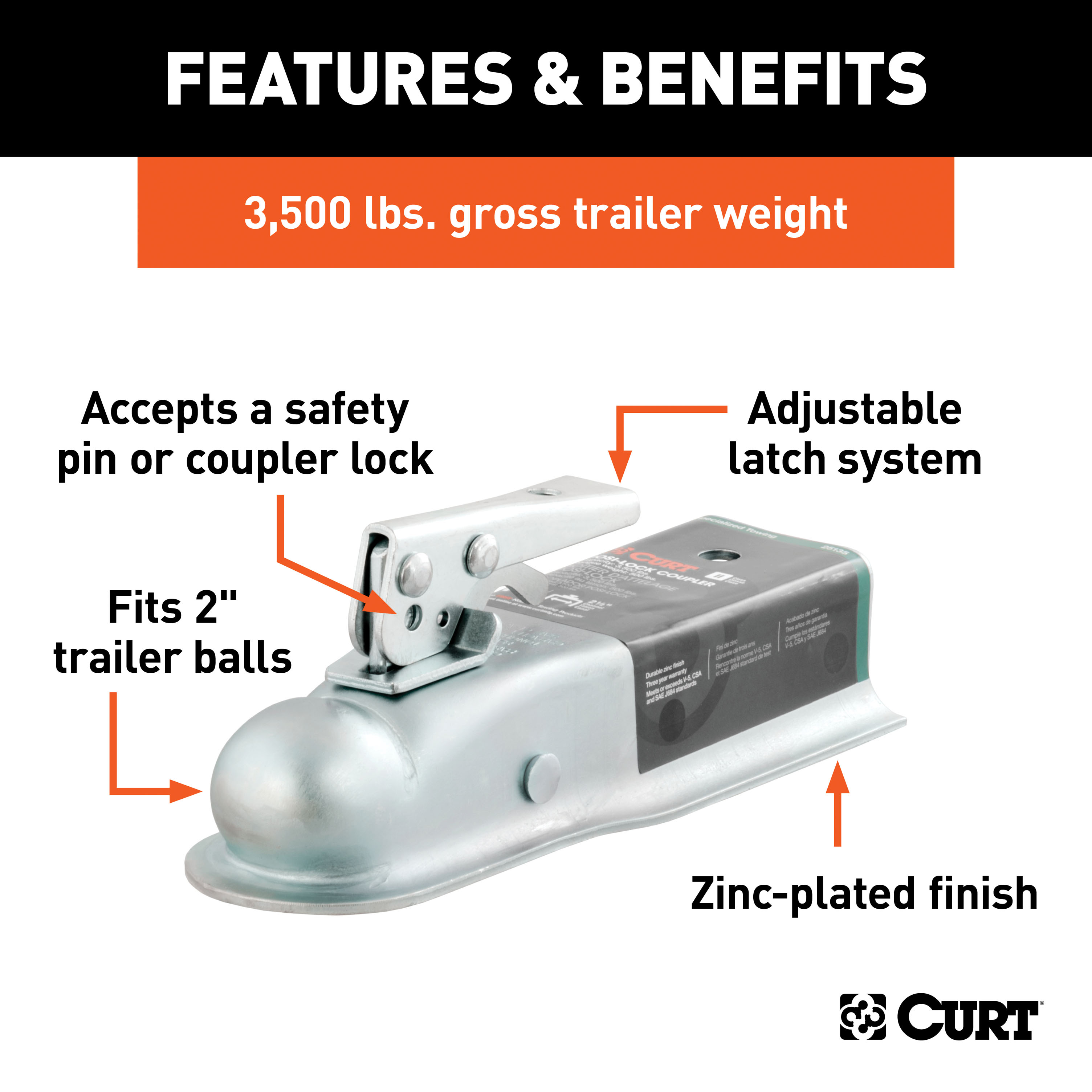 CURT 3,500 lbs 2" Straight-Tongue Coupler with Posi-Lock (2-1/2" Channel),  Zinc Trailer Hitch Coupler thumbnail 1
