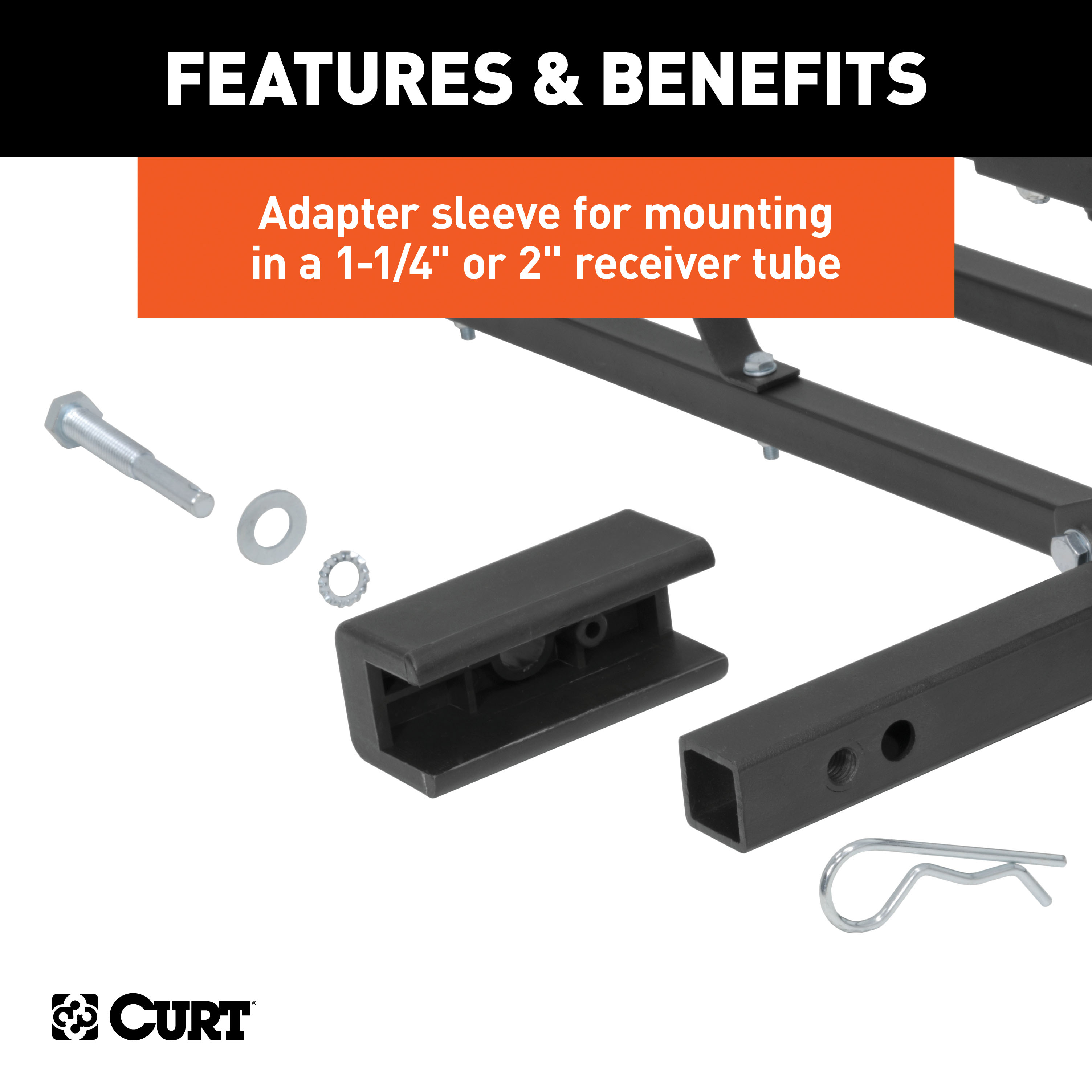 CURT 48" x 20" Black Steel Basket Cargo Carrier (1-1/4", 2" Adapter, 500 lbs.) Receiver Hitch Mounted Cargo Carrier thumbnail 4