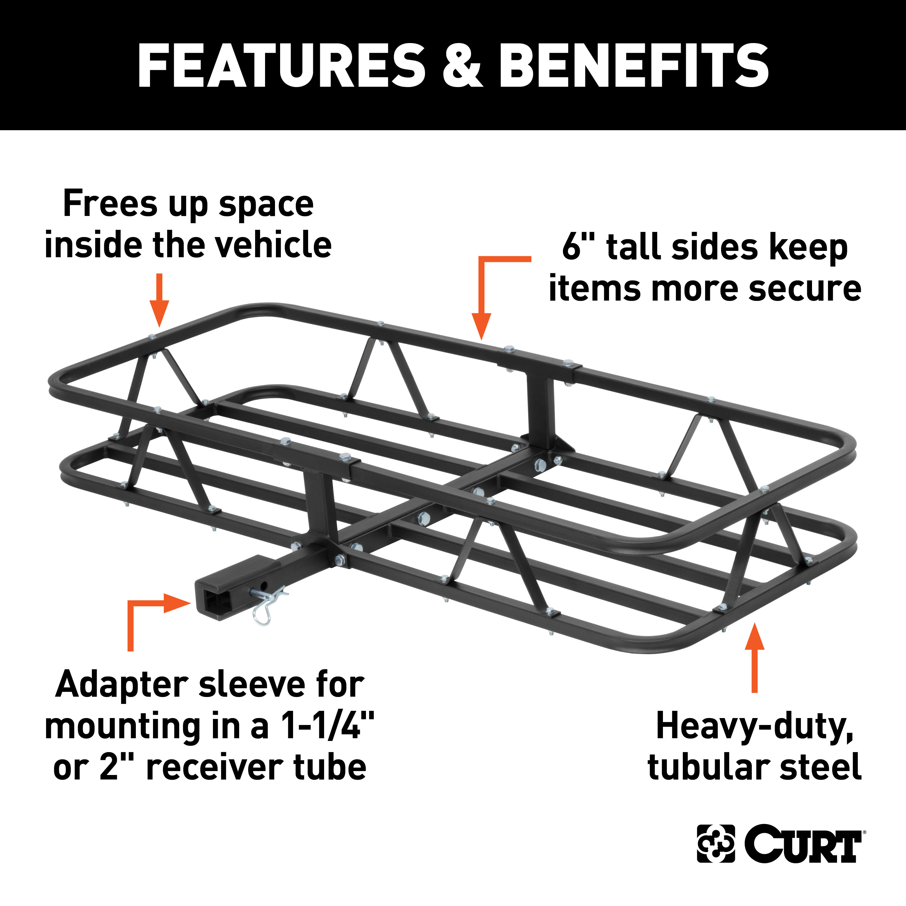 CURT 48" x 20" Black Steel Basket Cargo Carrier (1-1/4", 2" Adapter, 500 lbs.) Receiver Hitch Mounted Cargo Carrier thumbnail 1