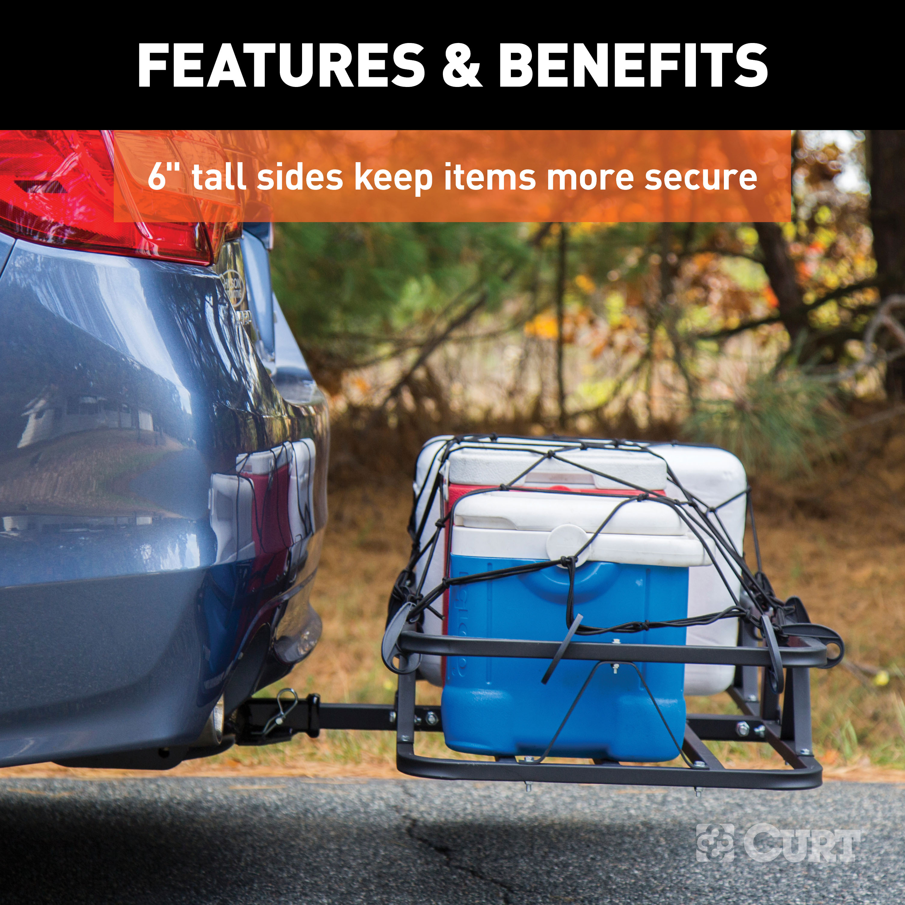 CURT 48" x 20" Black Steel Basket Cargo Carrier (1-1/4", 2" Adapter, 500 lbs.) Receiver Hitch Mounted Cargo Carrier thumbnail 3